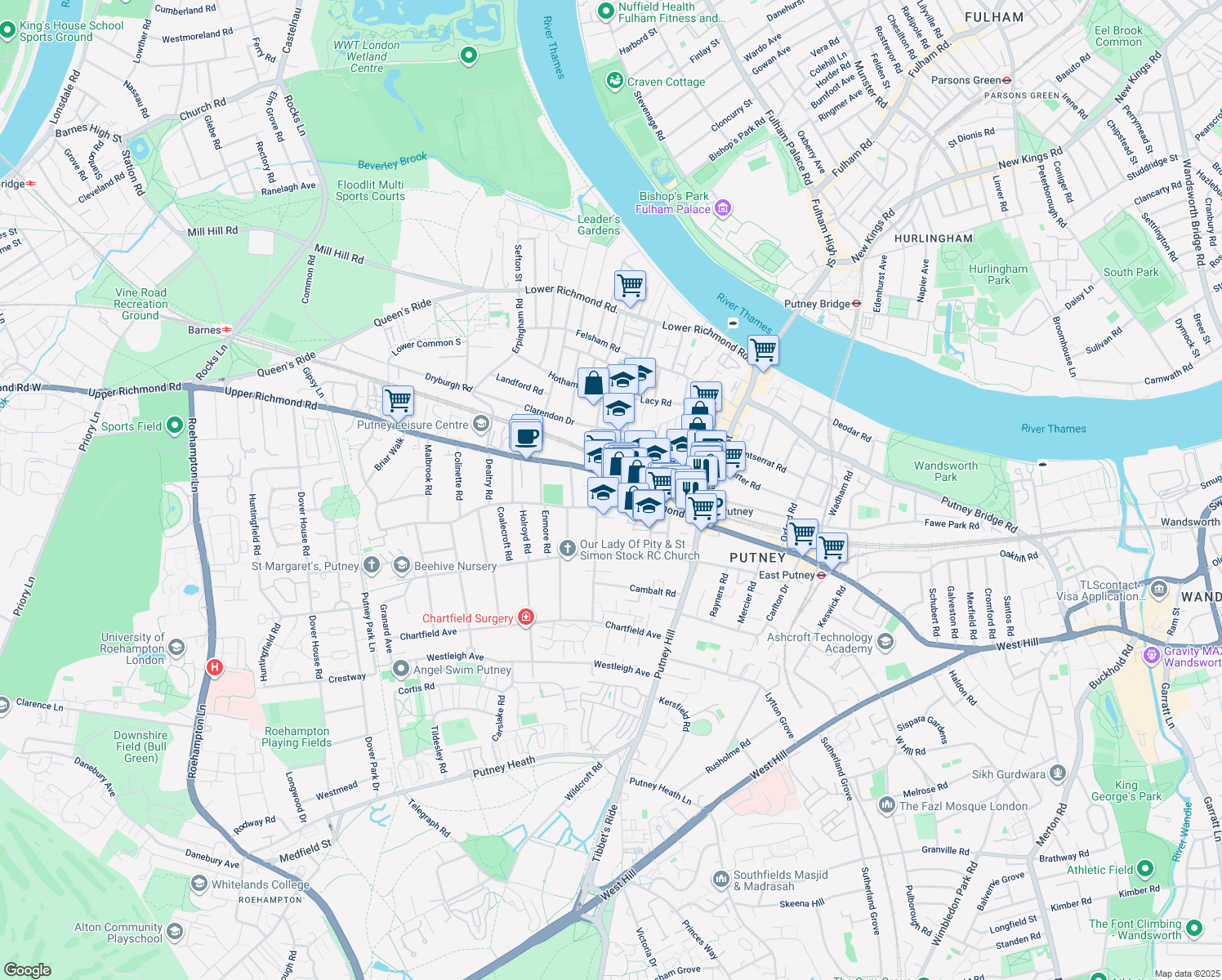 map of restaurants, bars, coffee shops, grocery stores, and more near 225 Upper Richmond Road in London