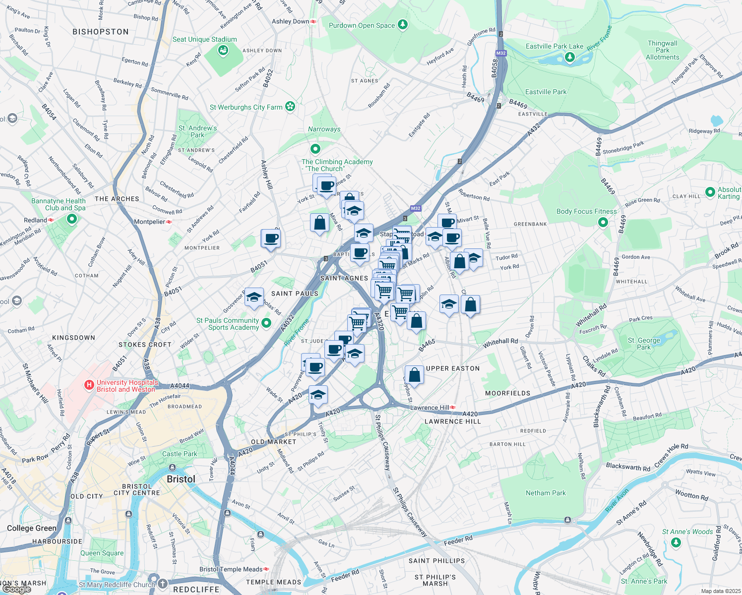 map of restaurants, bars, coffee shops, grocery stores, and more near 20 Claremont Street in Bristol City