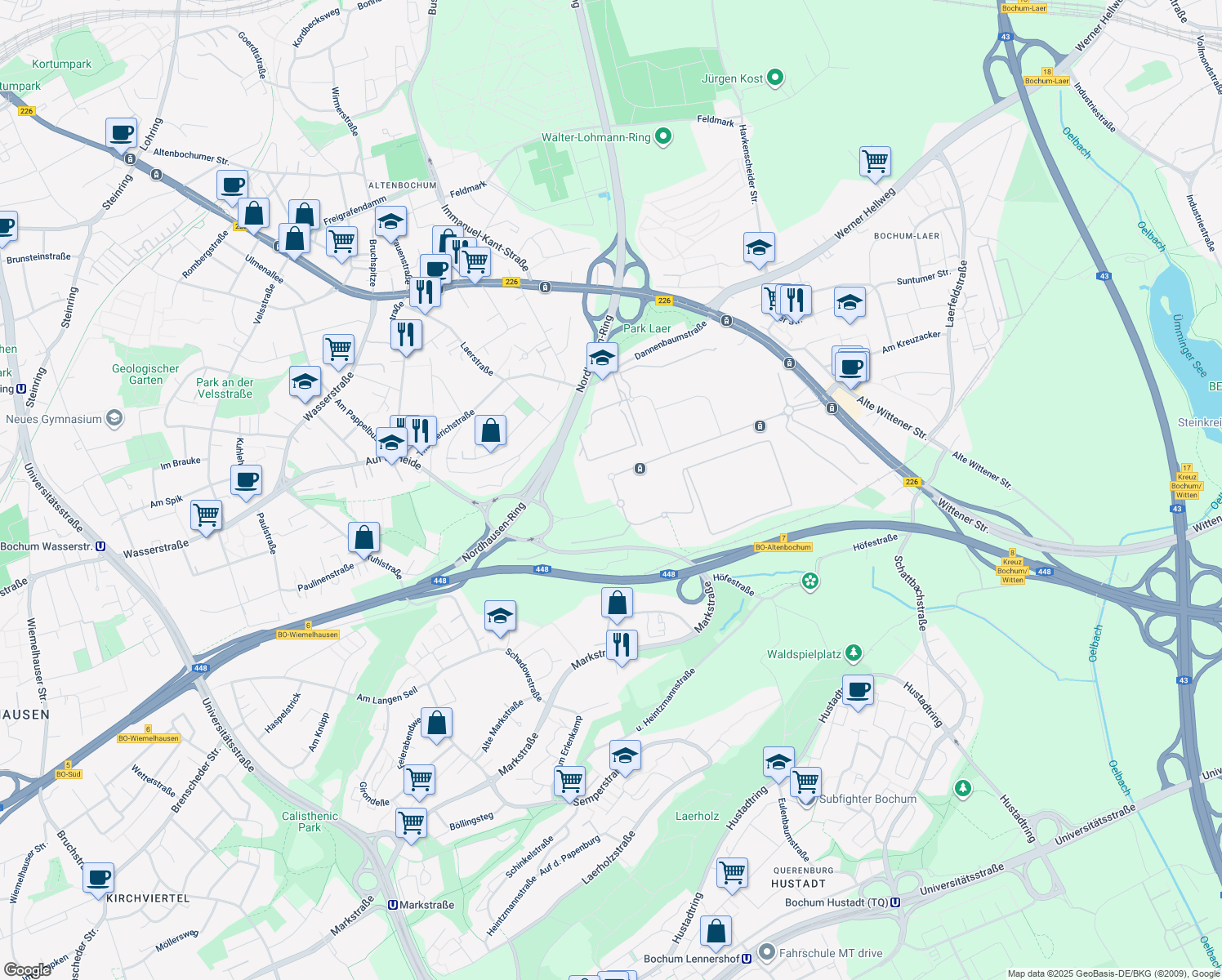 map of restaurants, bars, coffee shops, grocery stores, and more near 3-5 Suttner-Nobel-Allee in Bochum