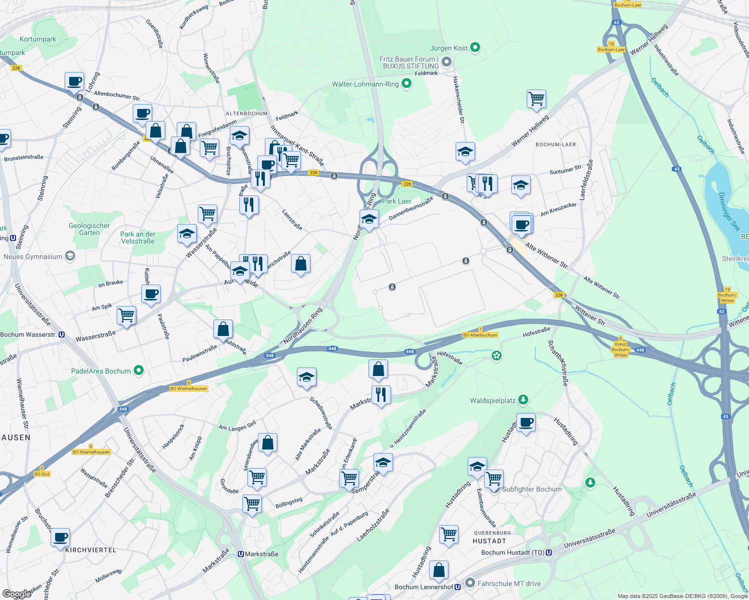 map of restaurants, bars, coffee shops, grocery stores, and more near 3-5 Suttner-Nobel-Allee in Bochum