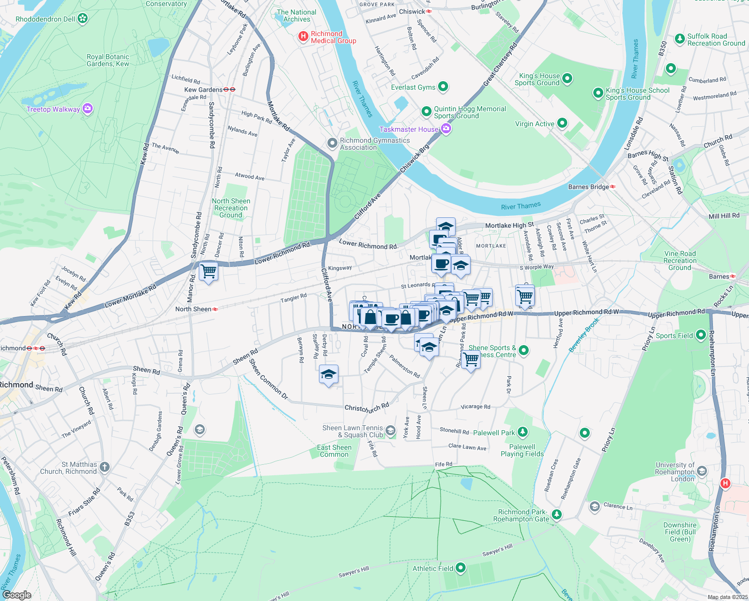 map of restaurants, bars, coffee shops, grocery stores, and more near 27 Connaught Avenue in Greater London