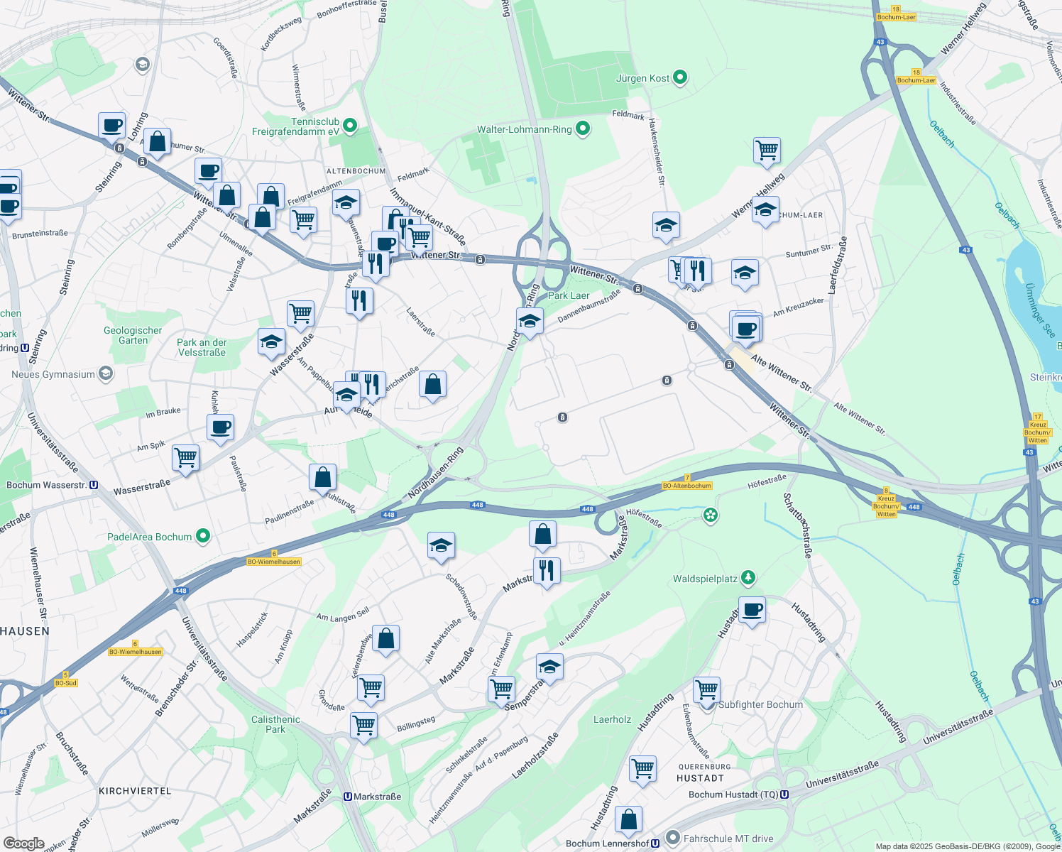 map of restaurants, bars, coffee shops, grocery stores, and more near 7 Suttner-Nobel-Allee in Bochum