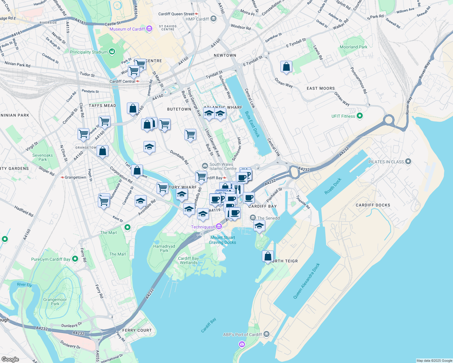 map of restaurants, bars, coffee shops, grocery stores, and more near  in Cardiff