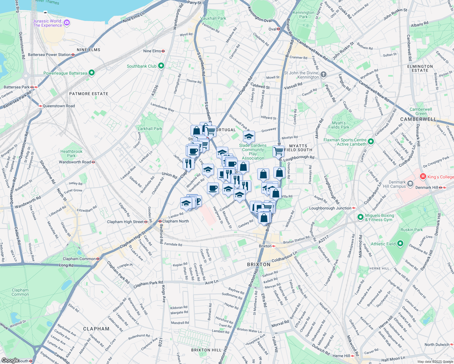 map of restaurants, bars, coffee shops, grocery stores, and more near 7A Stockwell Green in Greater London