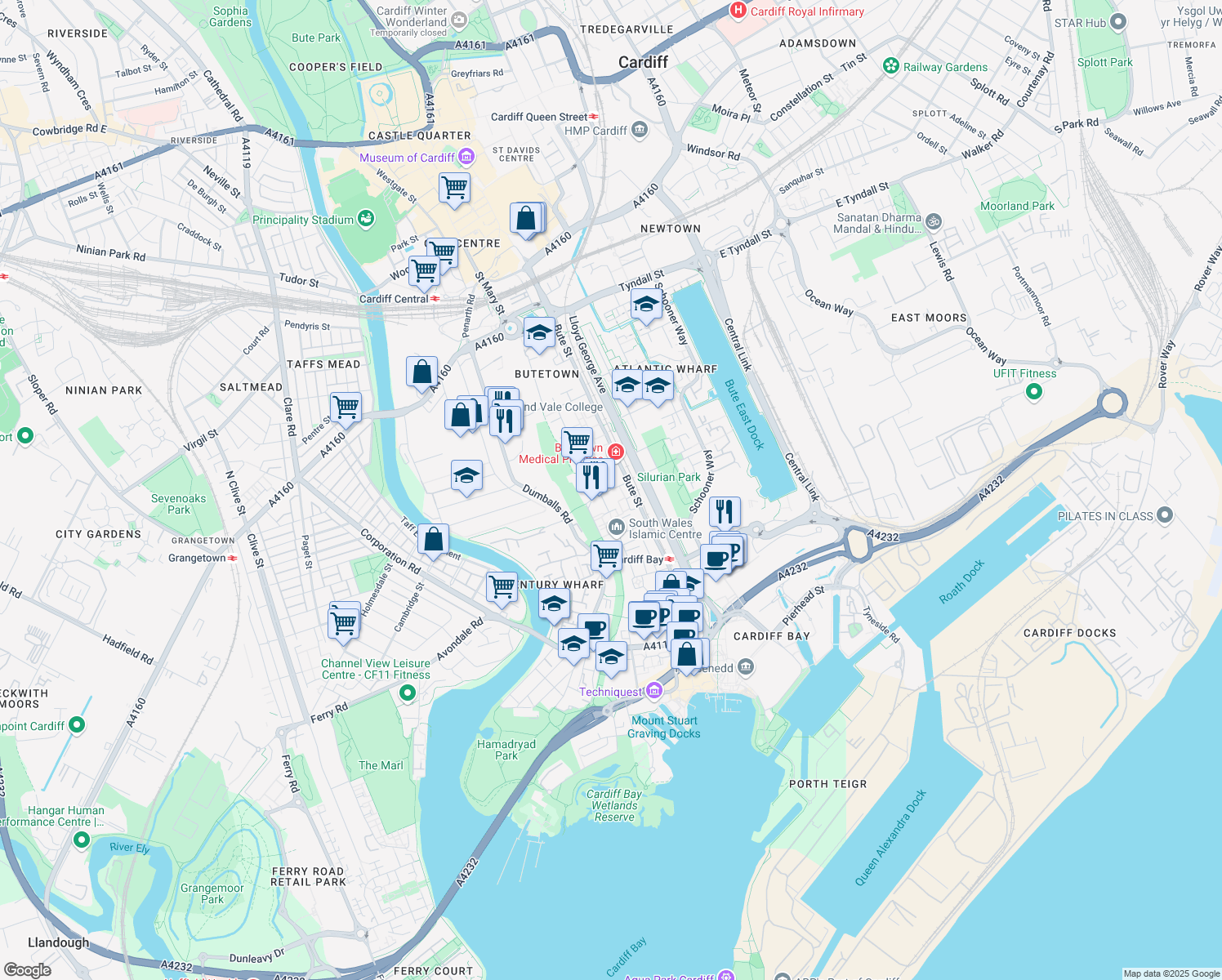map of restaurants, bars, coffee shops, grocery stores, and more near Loudoun Square in Cardiff