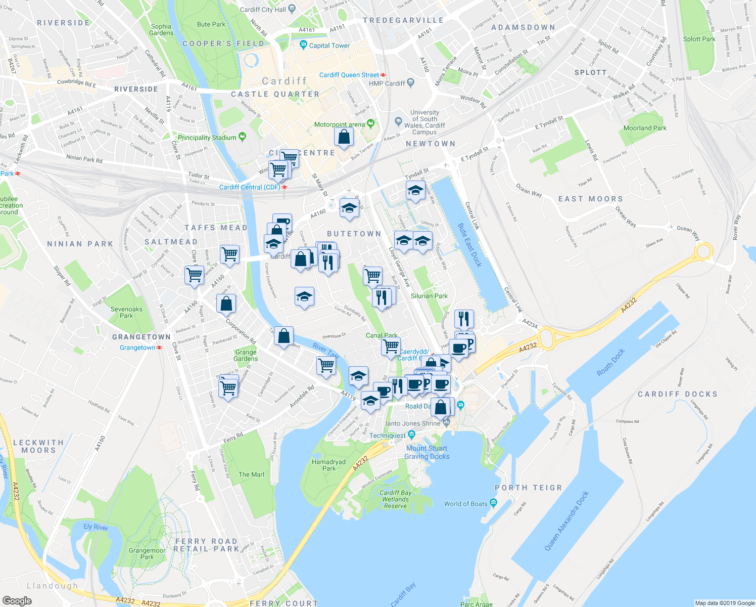 map of restaurants, bars, coffee shops, grocery stores, and more near Loudoun Square in Cardiff