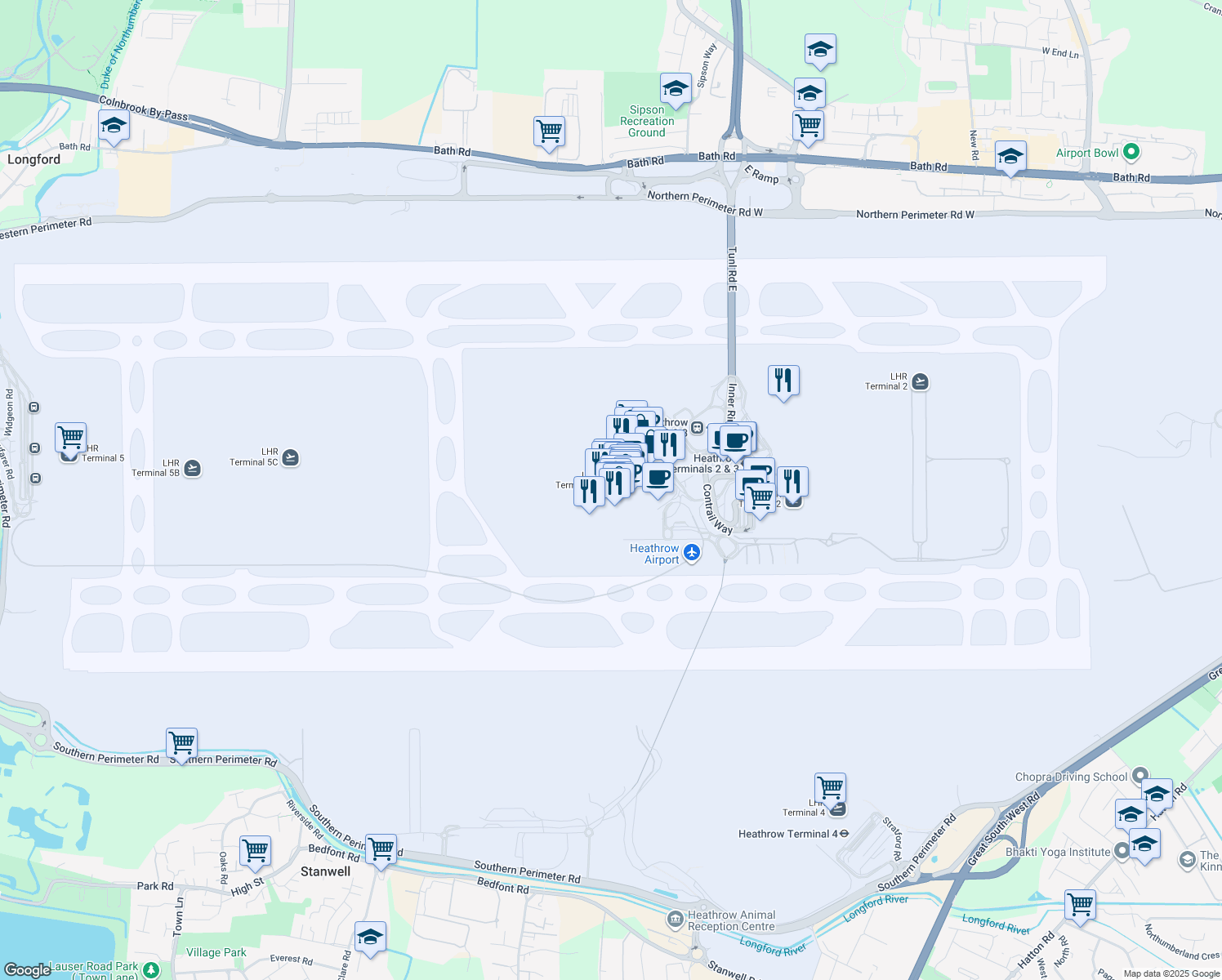 map of restaurants, bars, coffee shops, grocery stores, and more near Nelson Road in Longford