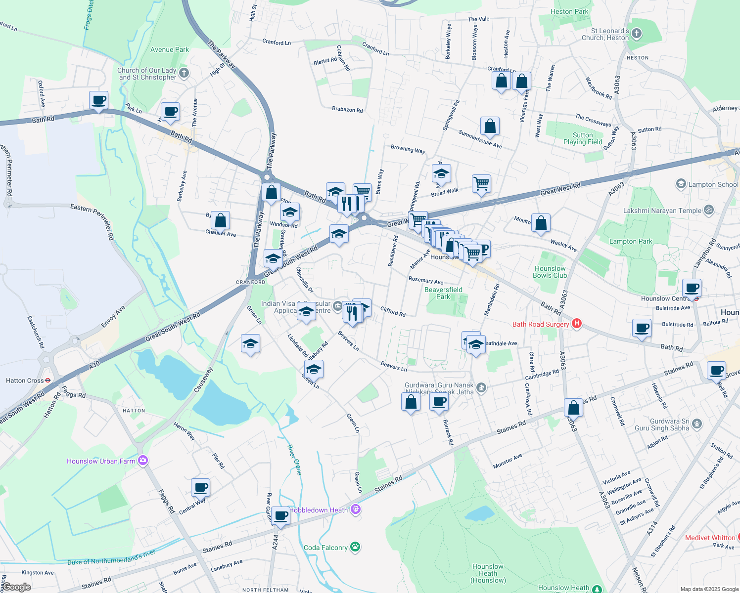 map of restaurants, bars, coffee shops, grocery stores, and more near Wilton Road in Greater London
