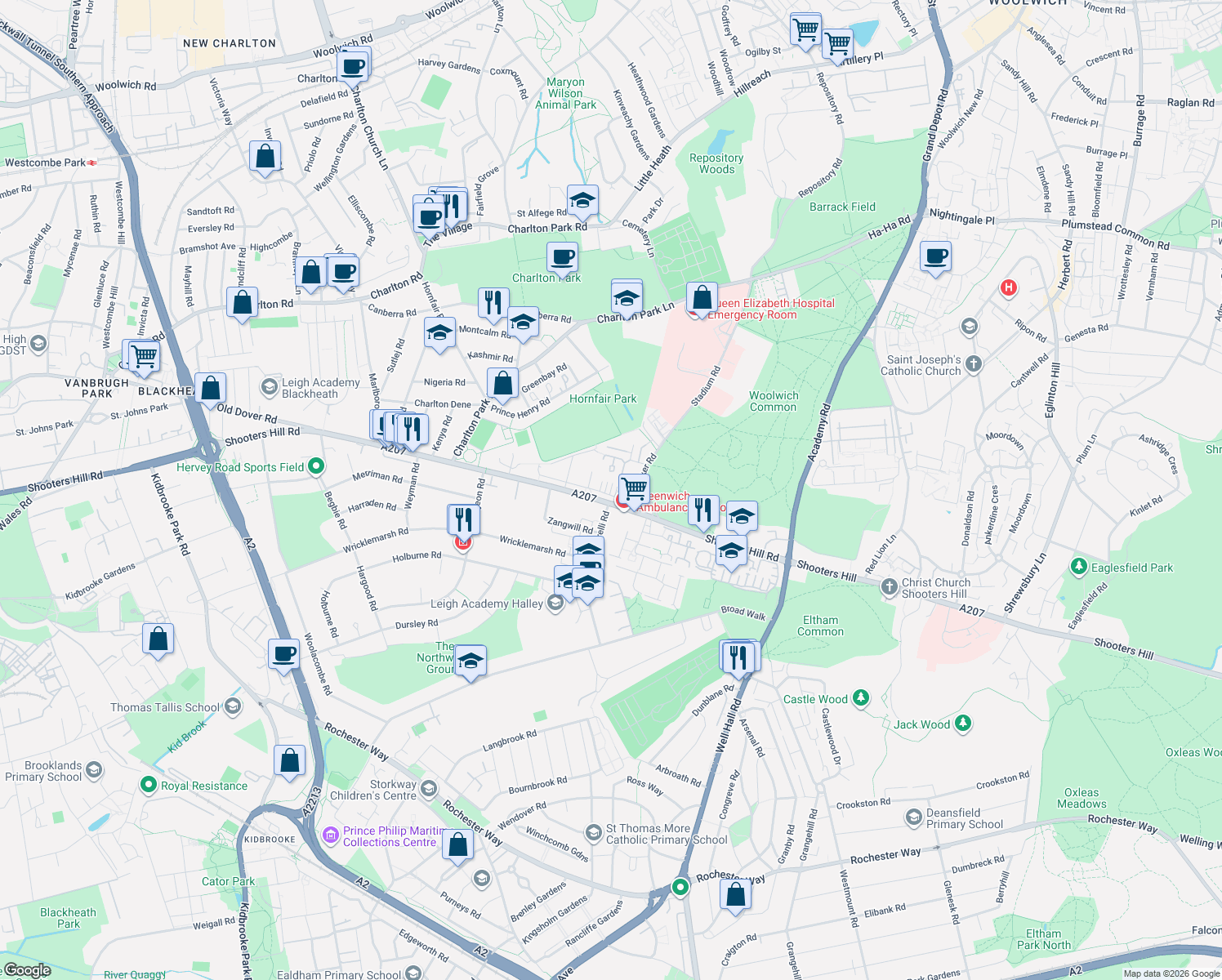 map of restaurants, bars, coffee shops, grocery stores, and more near Captain St in Greater London