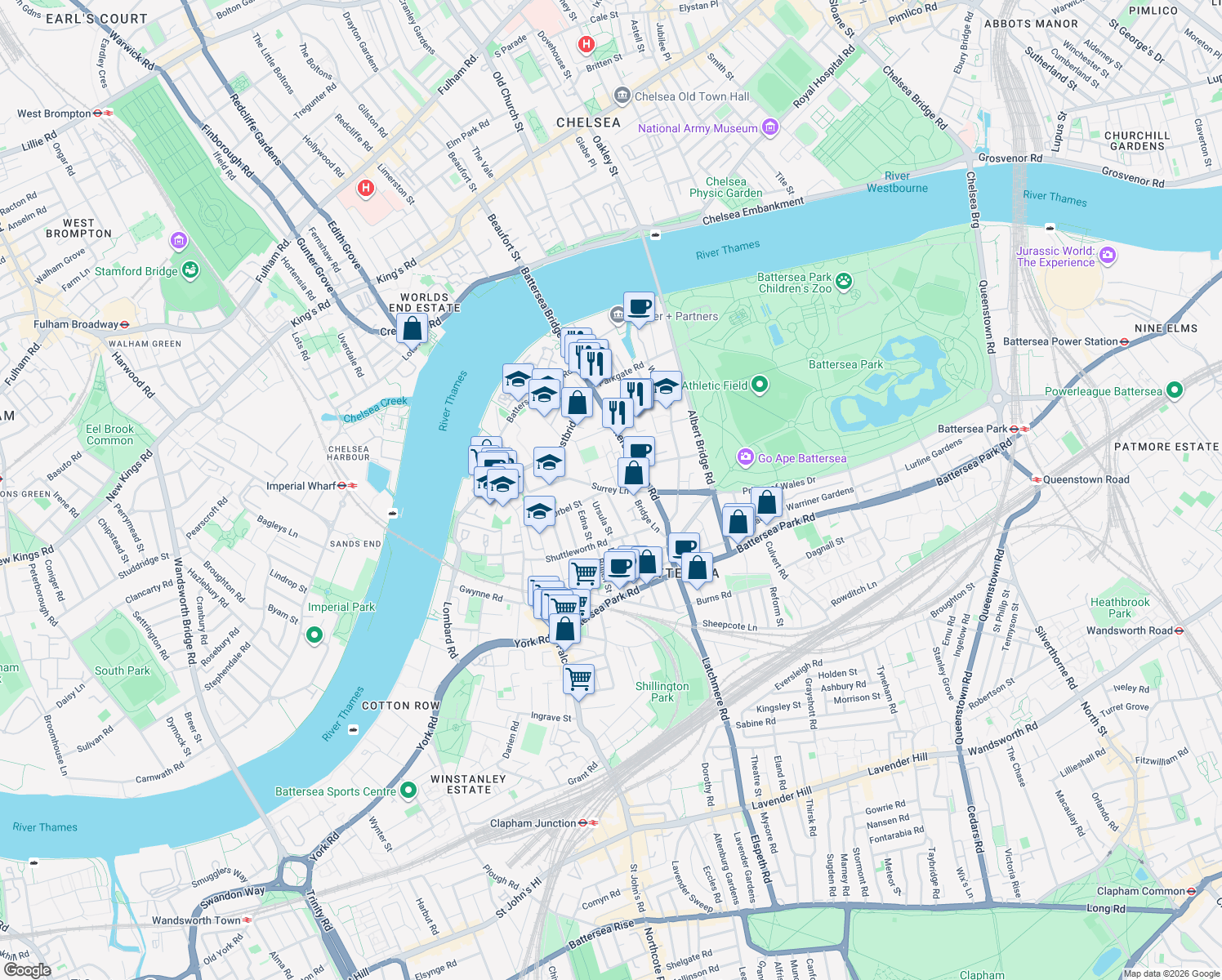 map of restaurants, bars, coffee shops, grocery stores, and more near Surrey Lane in Greater London