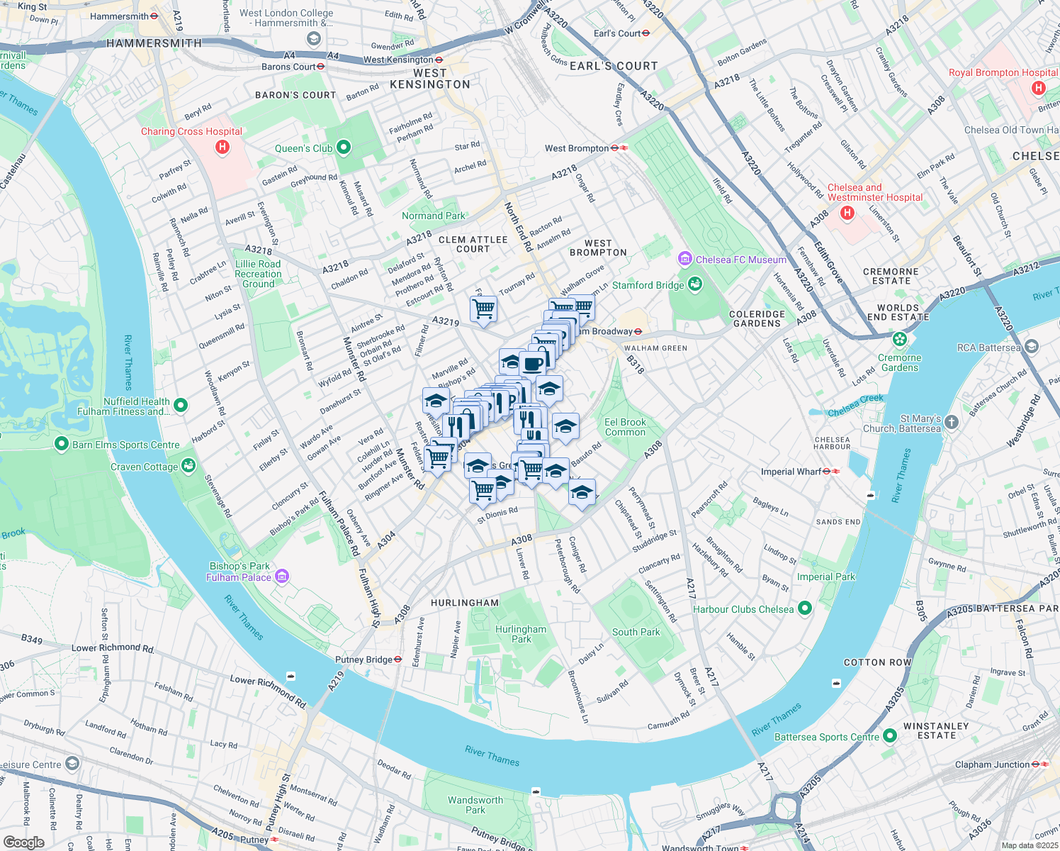 map of restaurants, bars, coffee shops, grocery stores, and more near Parsons Green Lane in Greater London