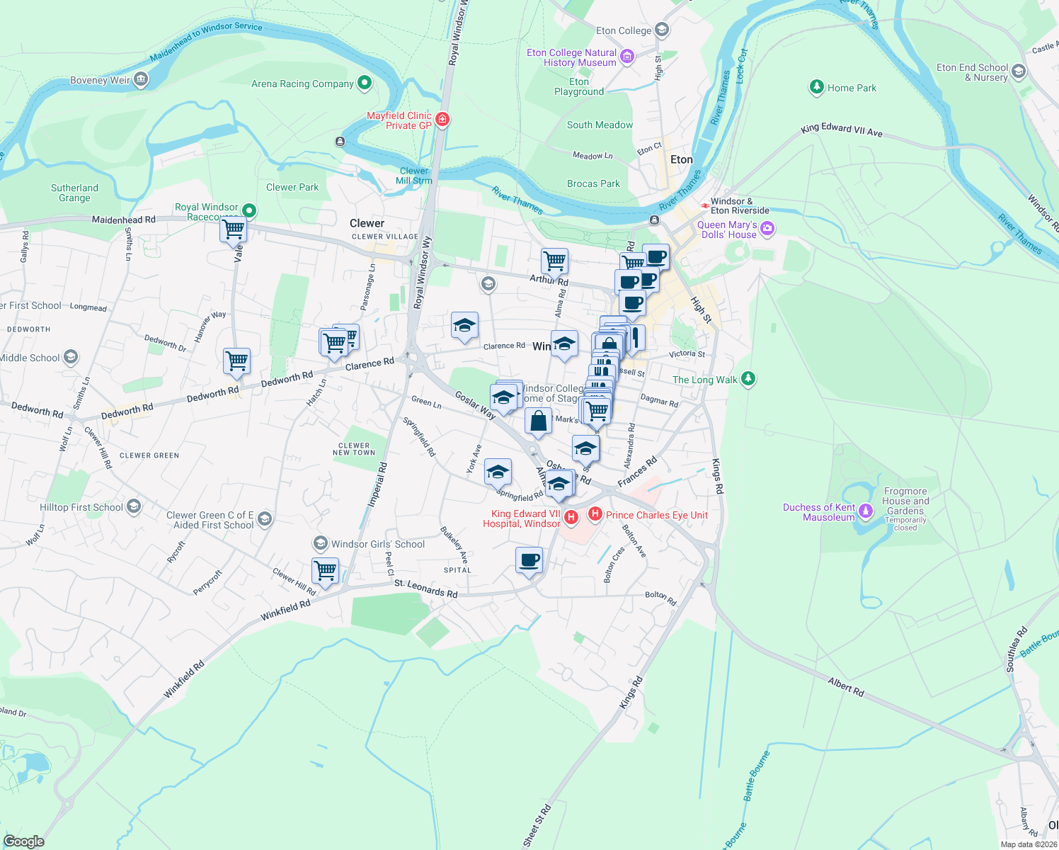 map of restaurants, bars, coffee shops, grocery stores, and more near 71 Alma Road in Berkshire