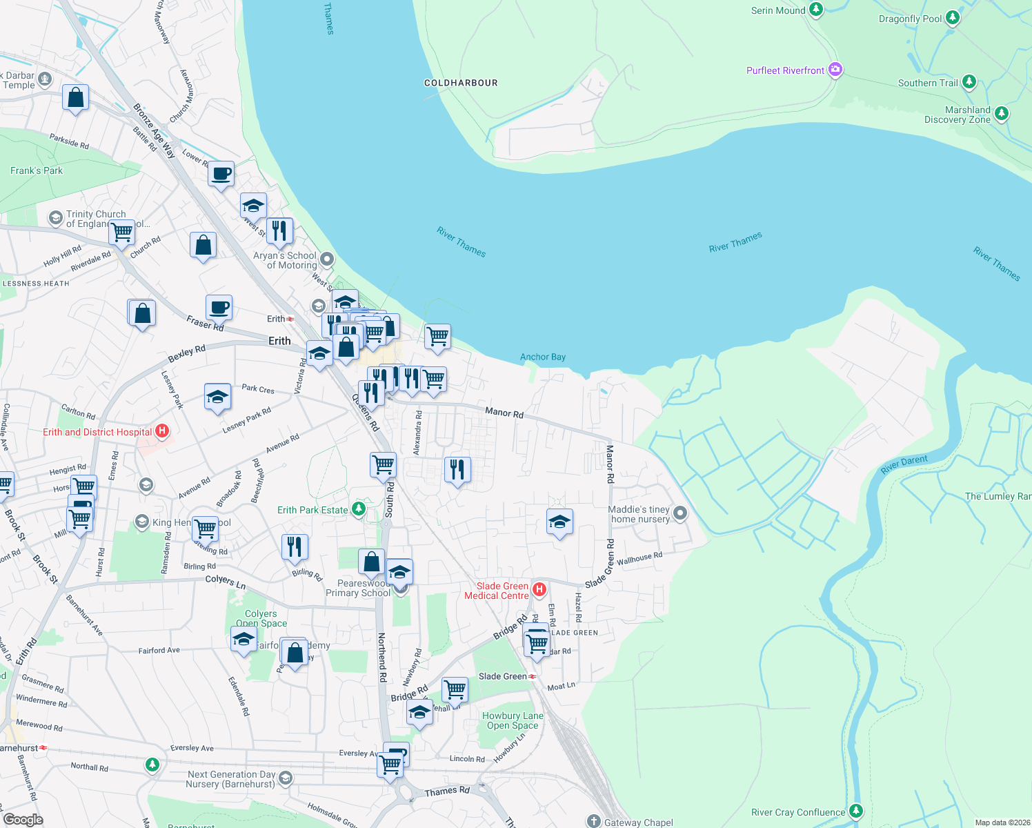 map of restaurants, bars, coffee shops, grocery stores, and more near Manor Road in Greater London