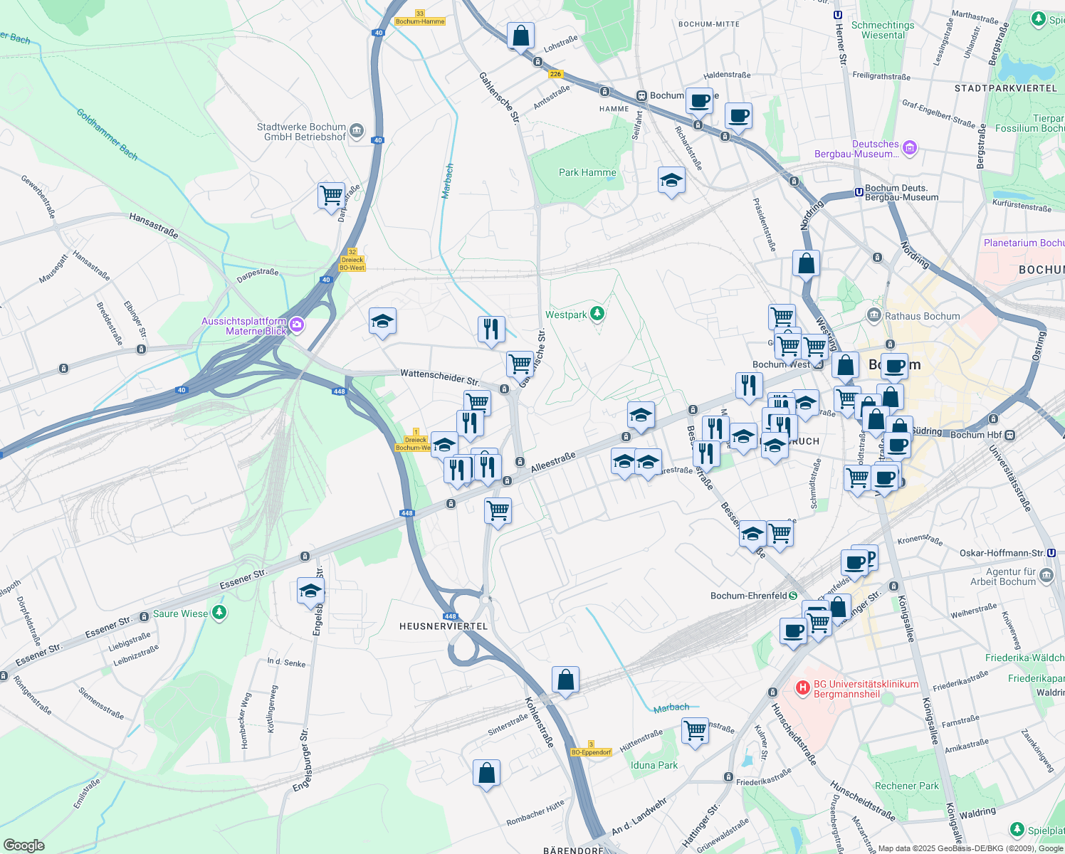 map of restaurants, bars, coffee shops, grocery stores, and more near 50 An der Jahrhunderthalle in Bochum