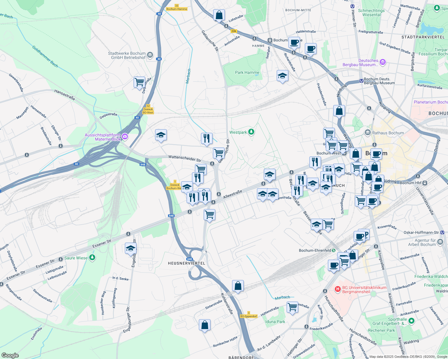 map of restaurants, bars, coffee shops, grocery stores, and more near 50 An der Jahrhunderthalle in Bochum