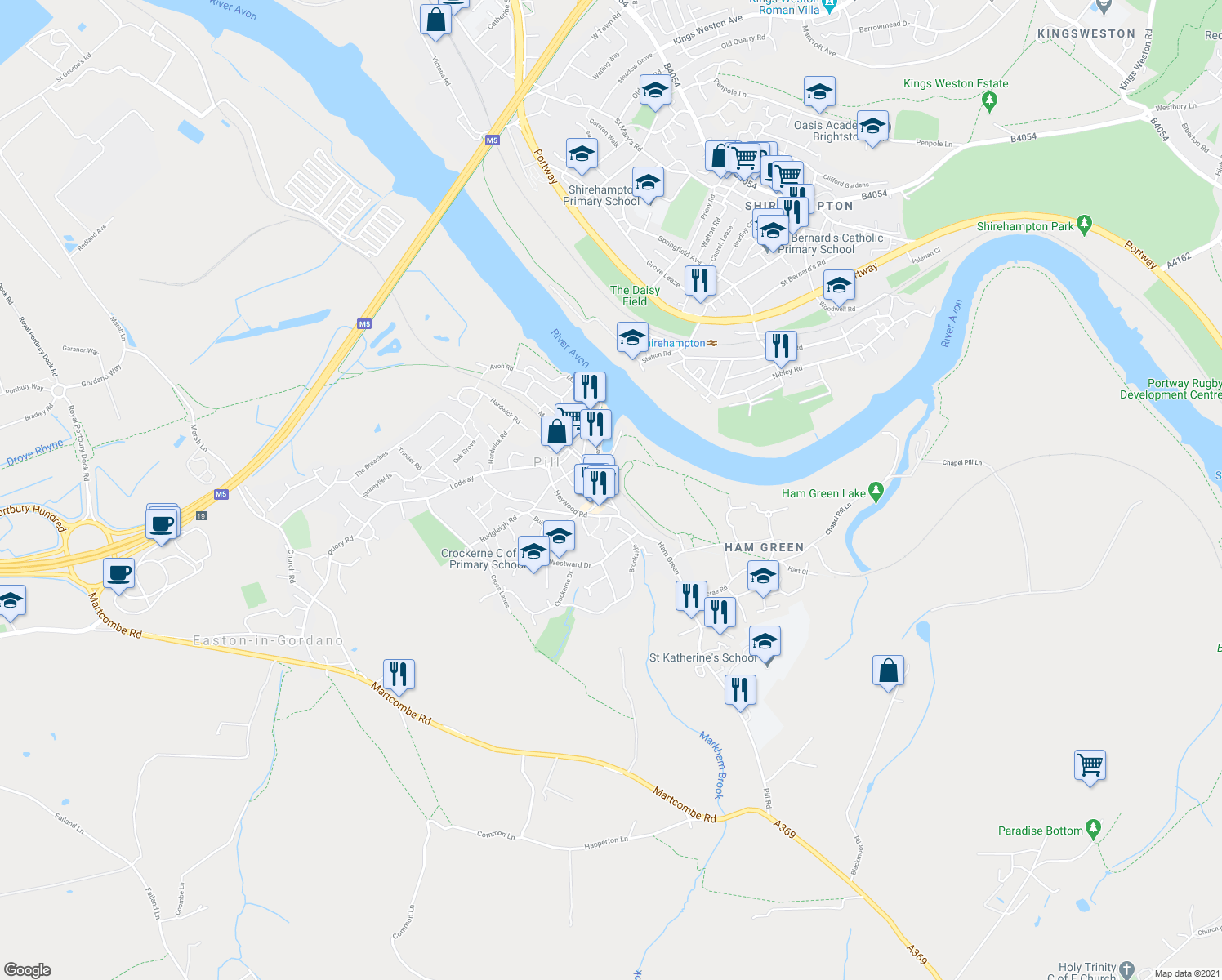 map of restaurants, bars, coffee shops, grocery stores, and more near 13 Mount Pleasant in Pill