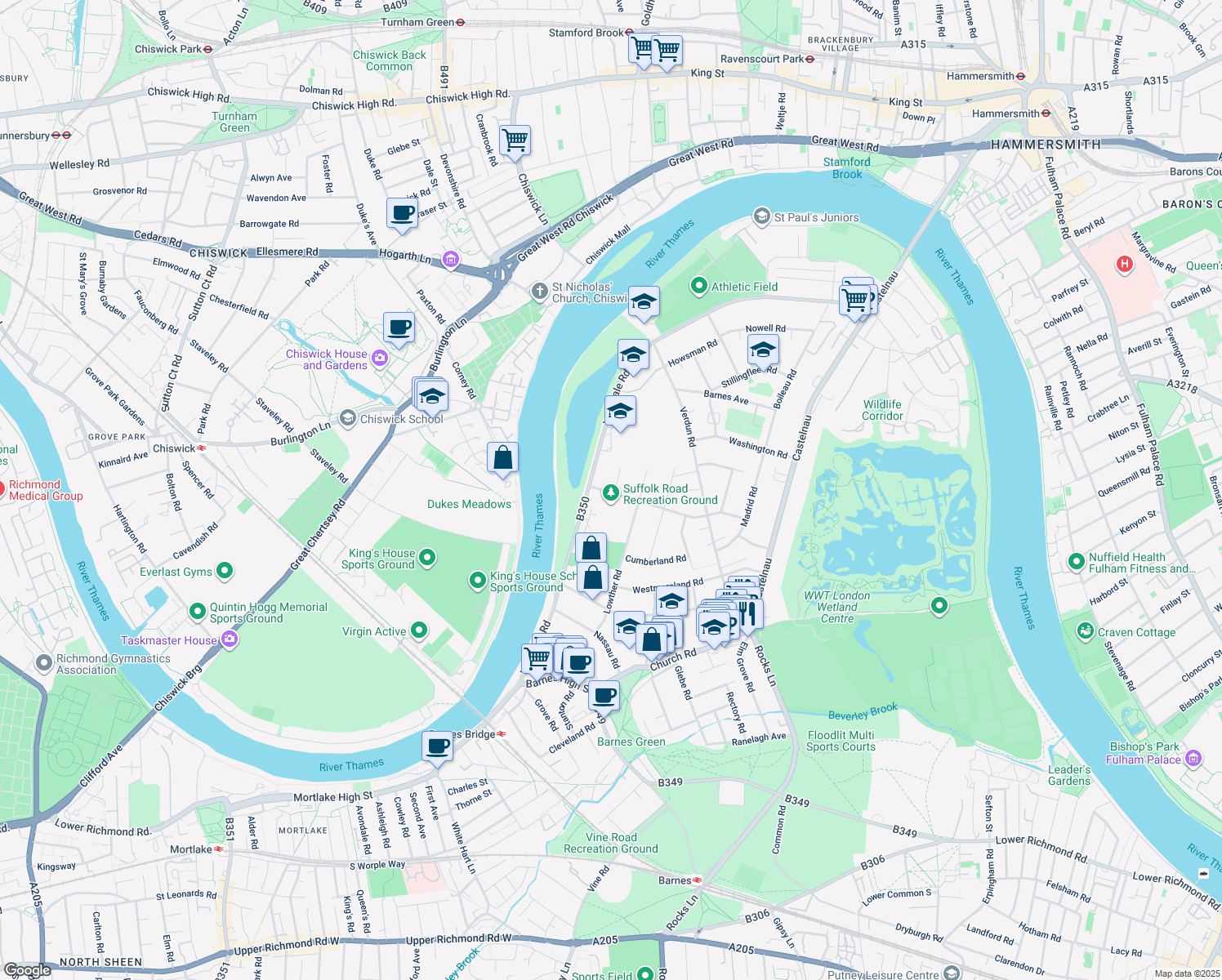 map of restaurants, bars, coffee shops, grocery stores, and more near 58 Suffolk Road in Greater London