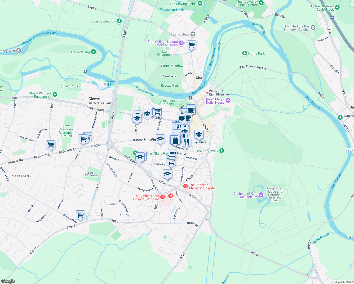 map of restaurants, bars, coffee shops, grocery stores, and more near 71 Peascod Street in Windsor