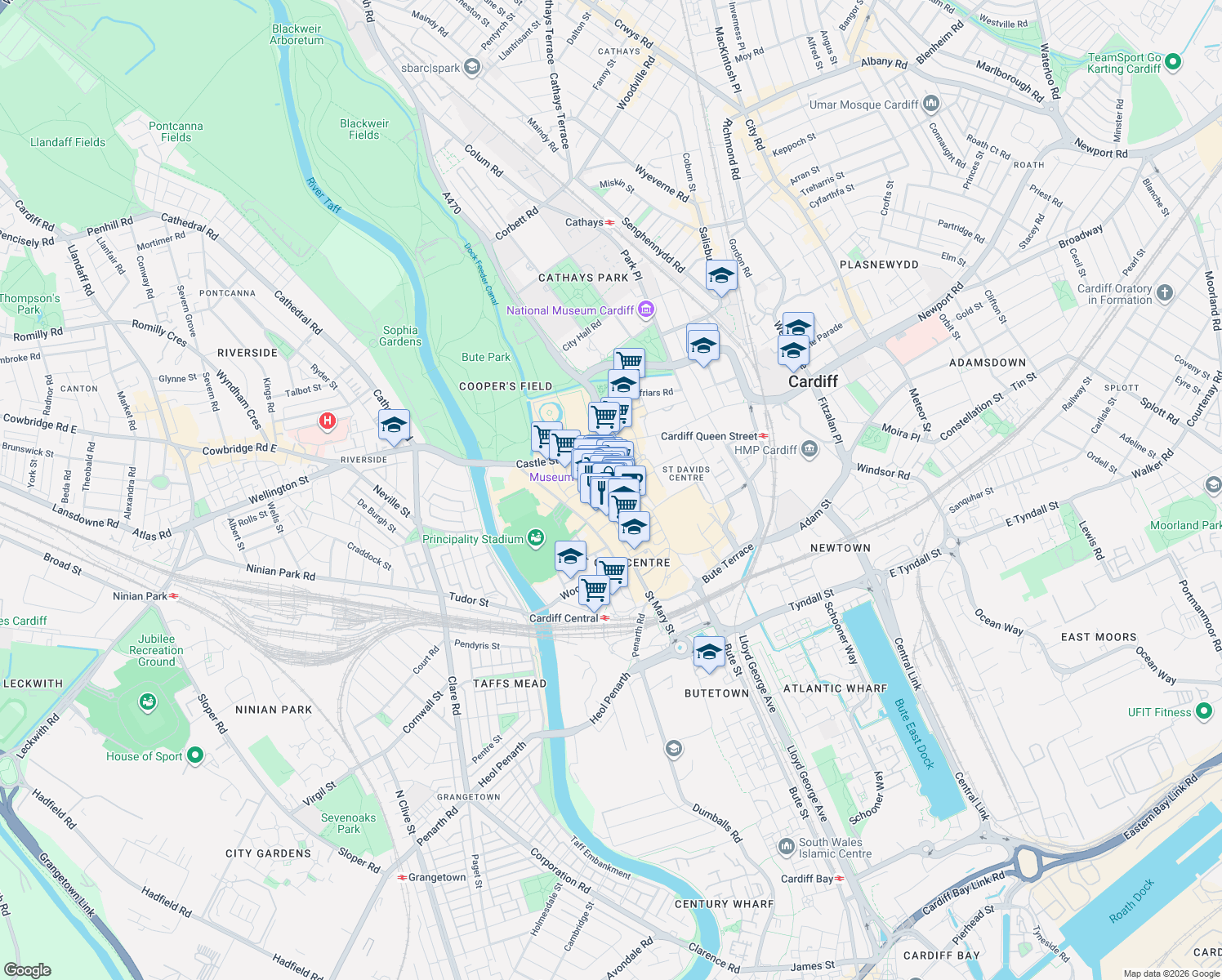 map of restaurants, bars, coffee shops, grocery stores, and more near 26-48 Central Square in Cardiff