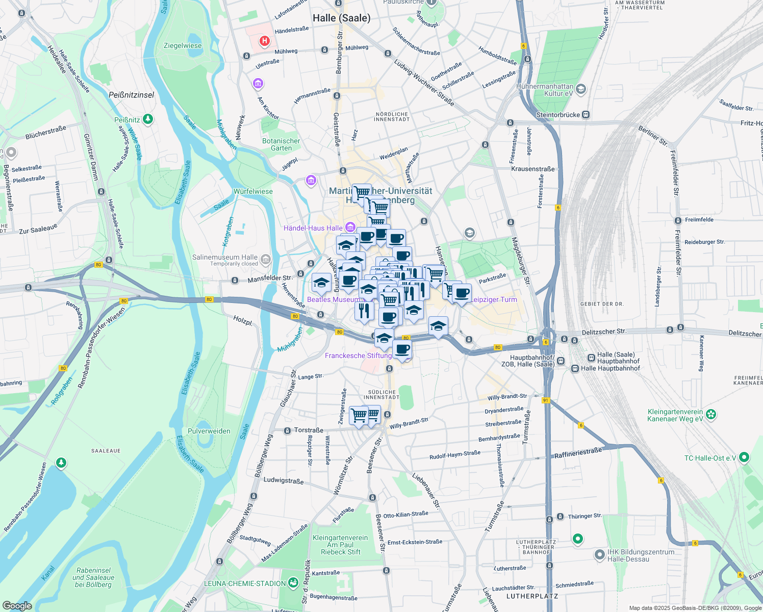 map of restaurants, bars, coffee shops, grocery stores, and more near 6 Alter Markt in Halle Saale