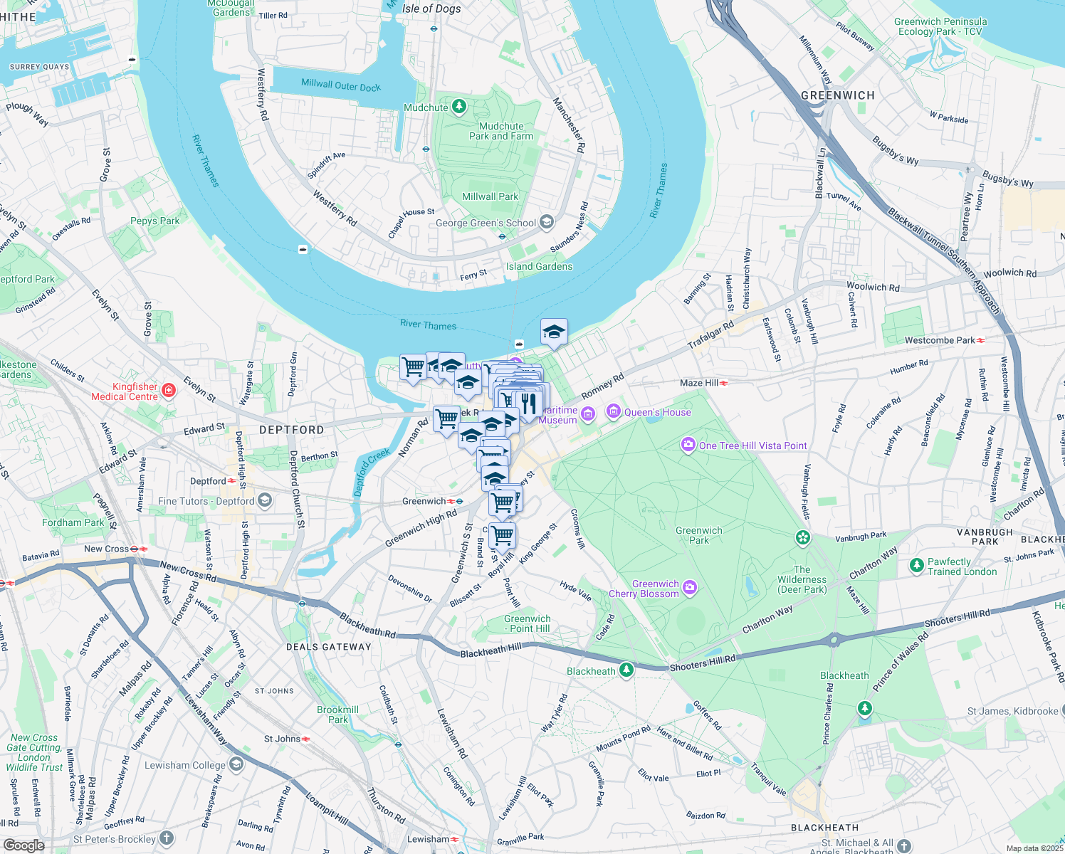 map of restaurants, bars, coffee shops, grocery stores, and more near 10 Greenwich Market in Greater London