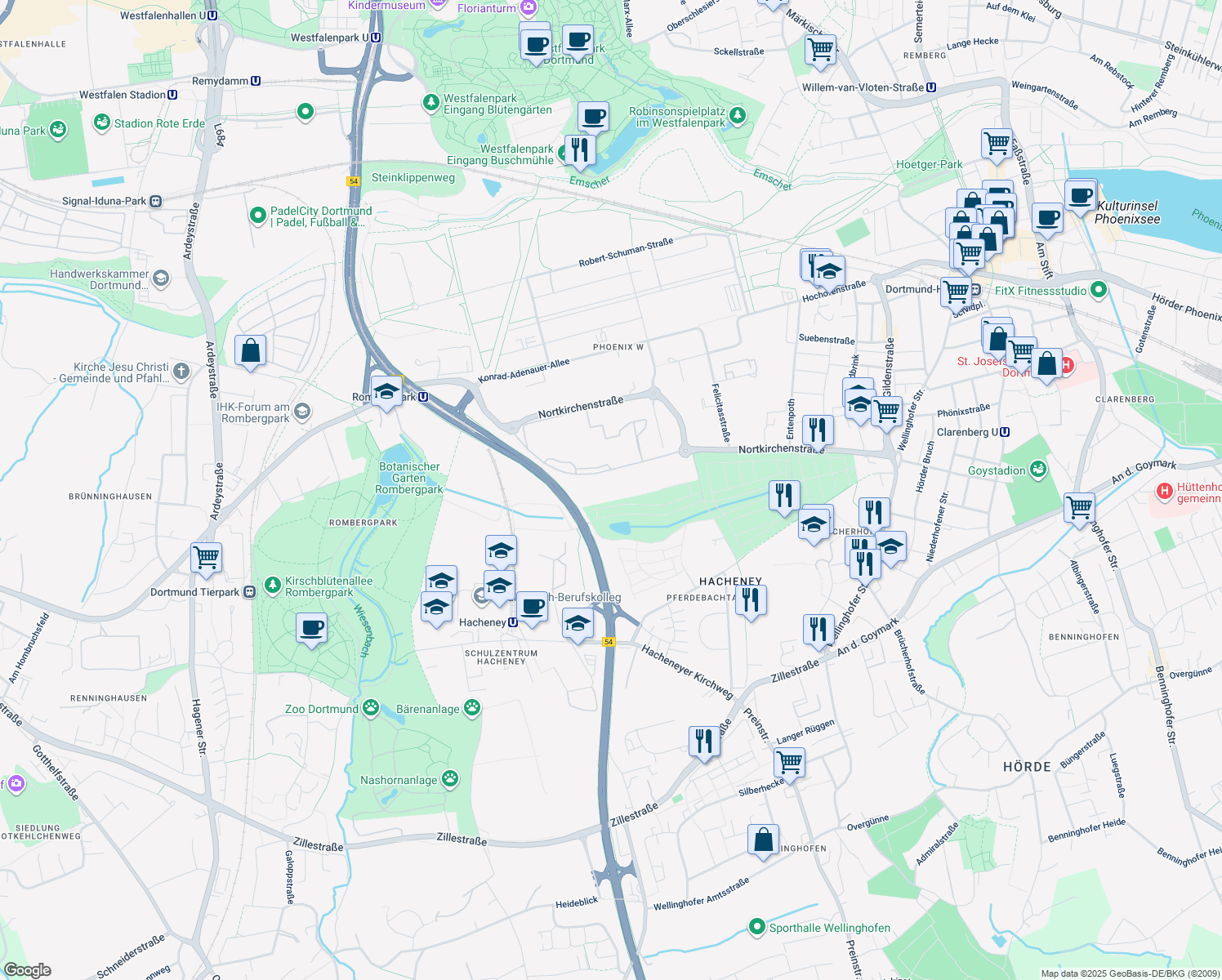 map of restaurants, bars, coffee shops, grocery stores, and more near 100 Nortkirchenstraße in Dortmund