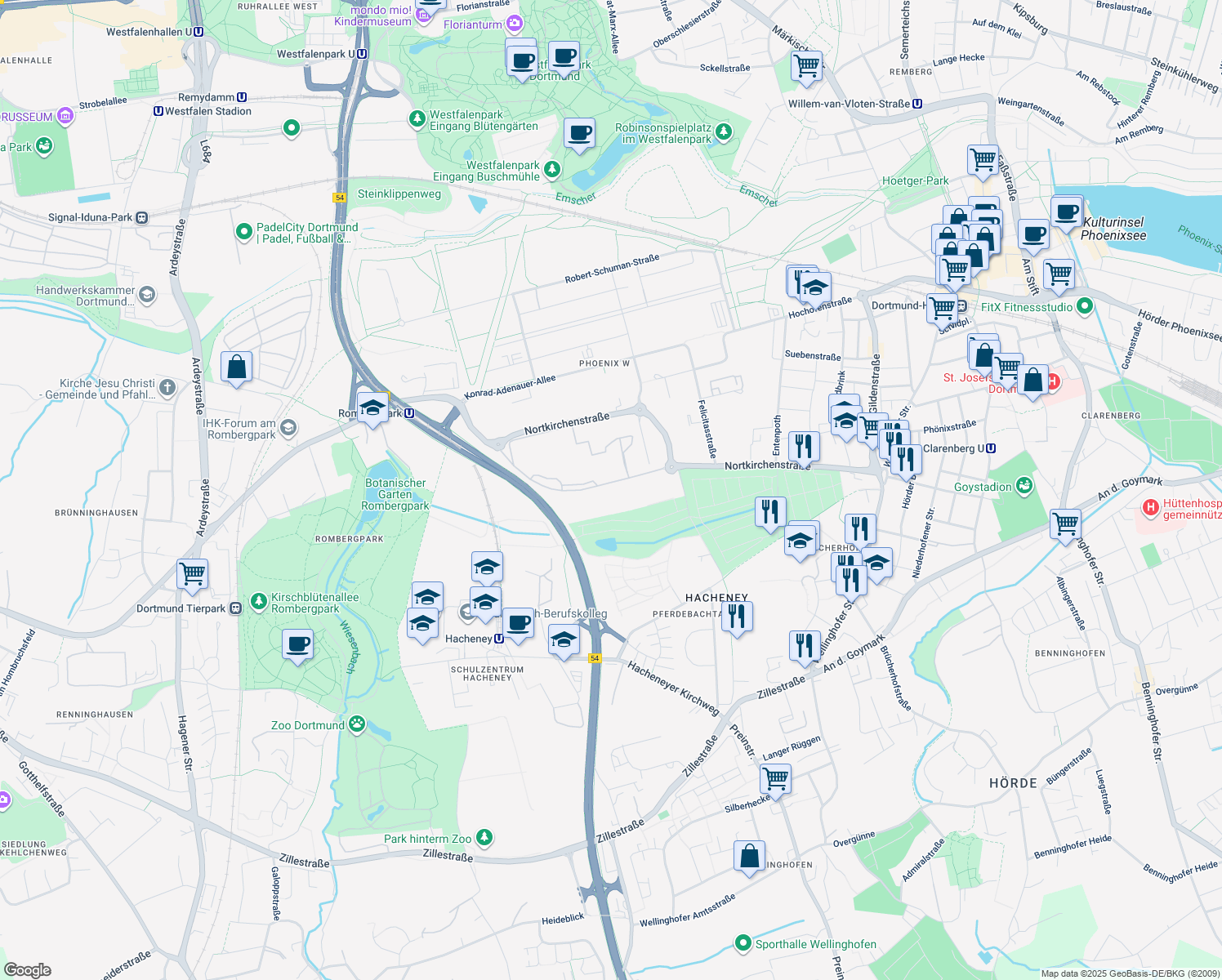 map of restaurants, bars, coffee shops, grocery stores, and more near 1 Wilopark in Dortmund