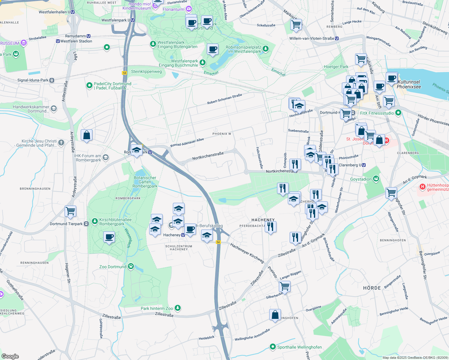 map of restaurants, bars, coffee shops, grocery stores, and more near 1 Wilopark in Dortmund