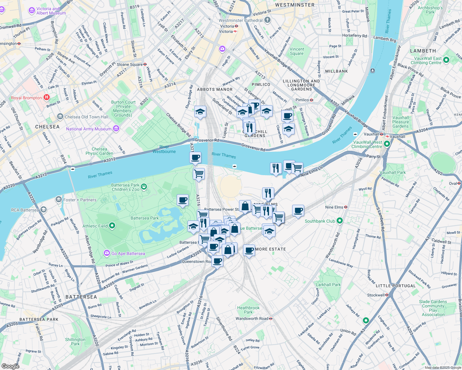 map of restaurants, bars, coffee shops, grocery stores, and more near Circus Road West in Greater London