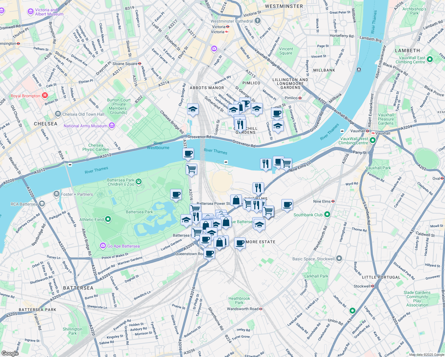 map of restaurants, bars, coffee shops, grocery stores, and more near 251 Circus Road South in Greater London