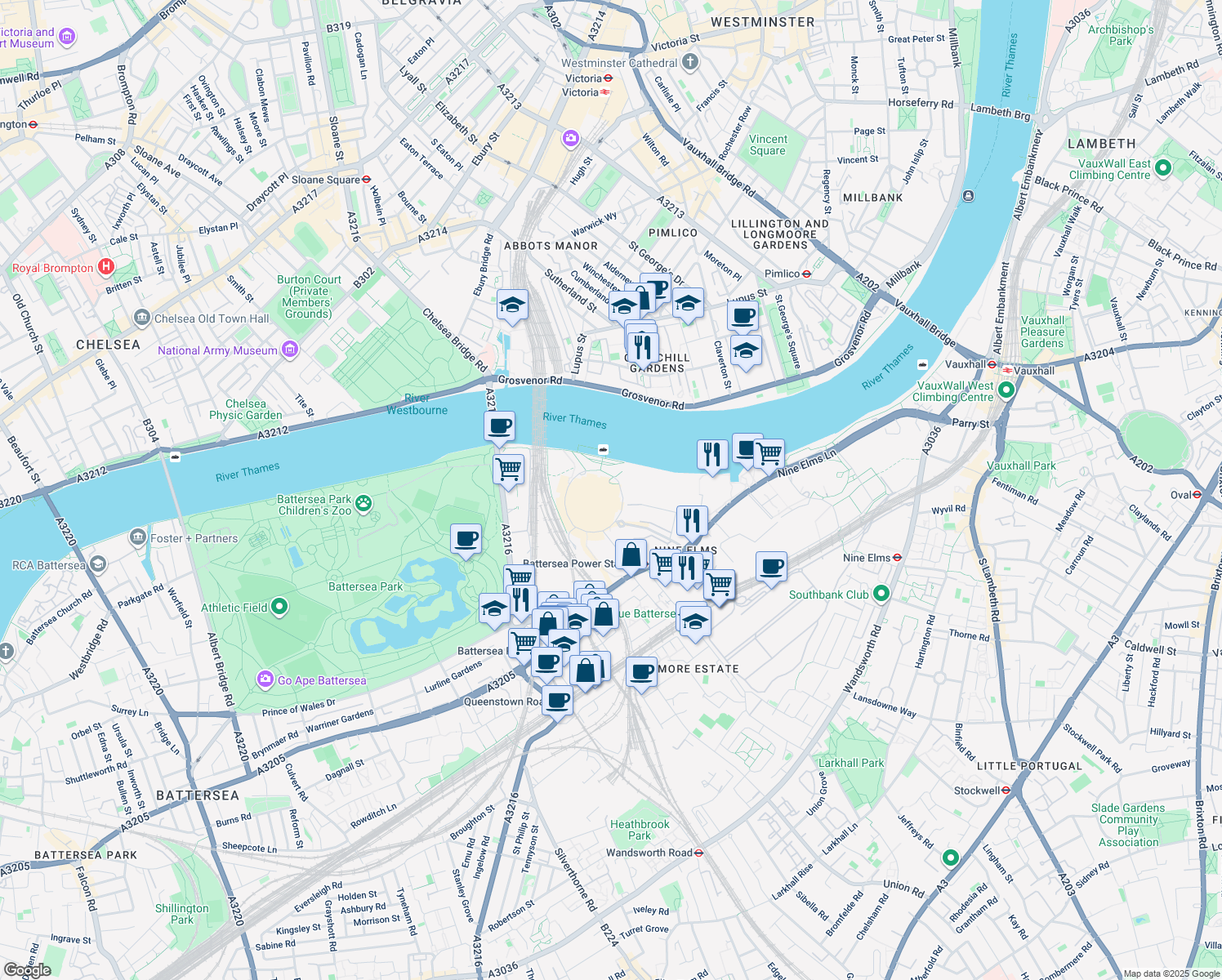 map of restaurants, bars, coffee shops, grocery stores, and more near 251 Circus Road South in Greater London