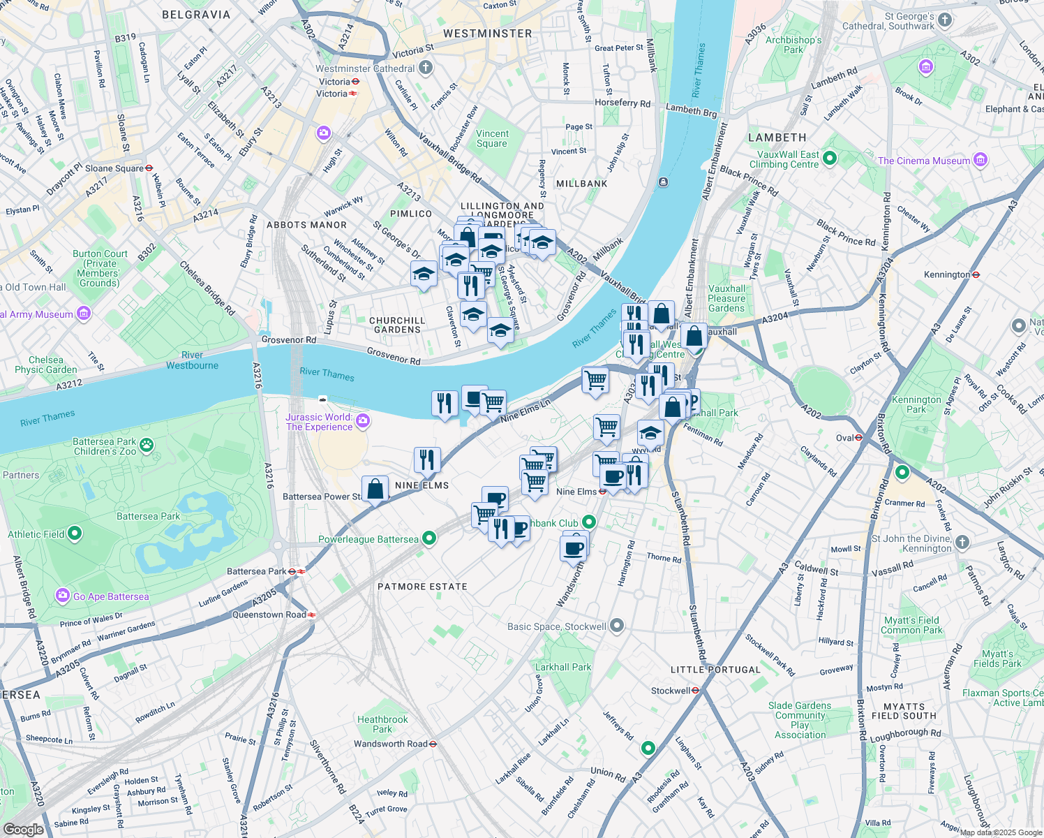 map of restaurants, bars, coffee shops, grocery stores, and more near 37 Nine Elms Lane in Greater London