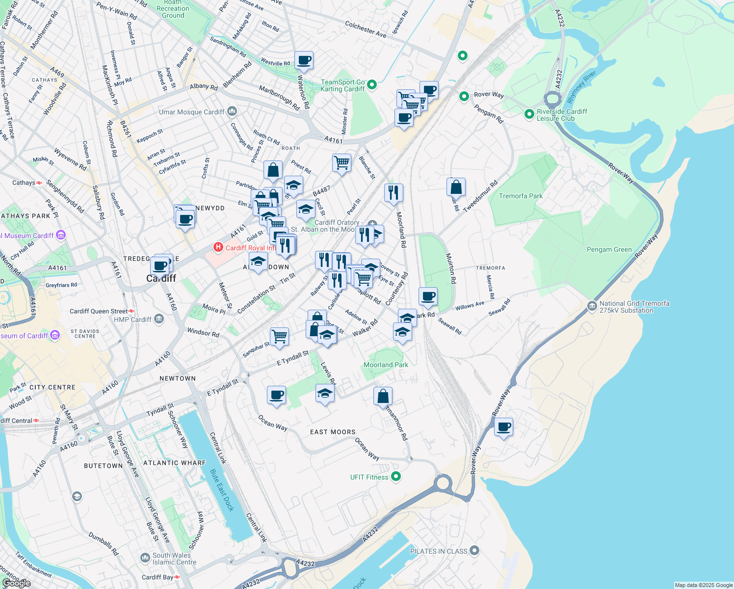 map of restaurants, bars, coffee shops, grocery stores, and more near Splott Road in Cardiff