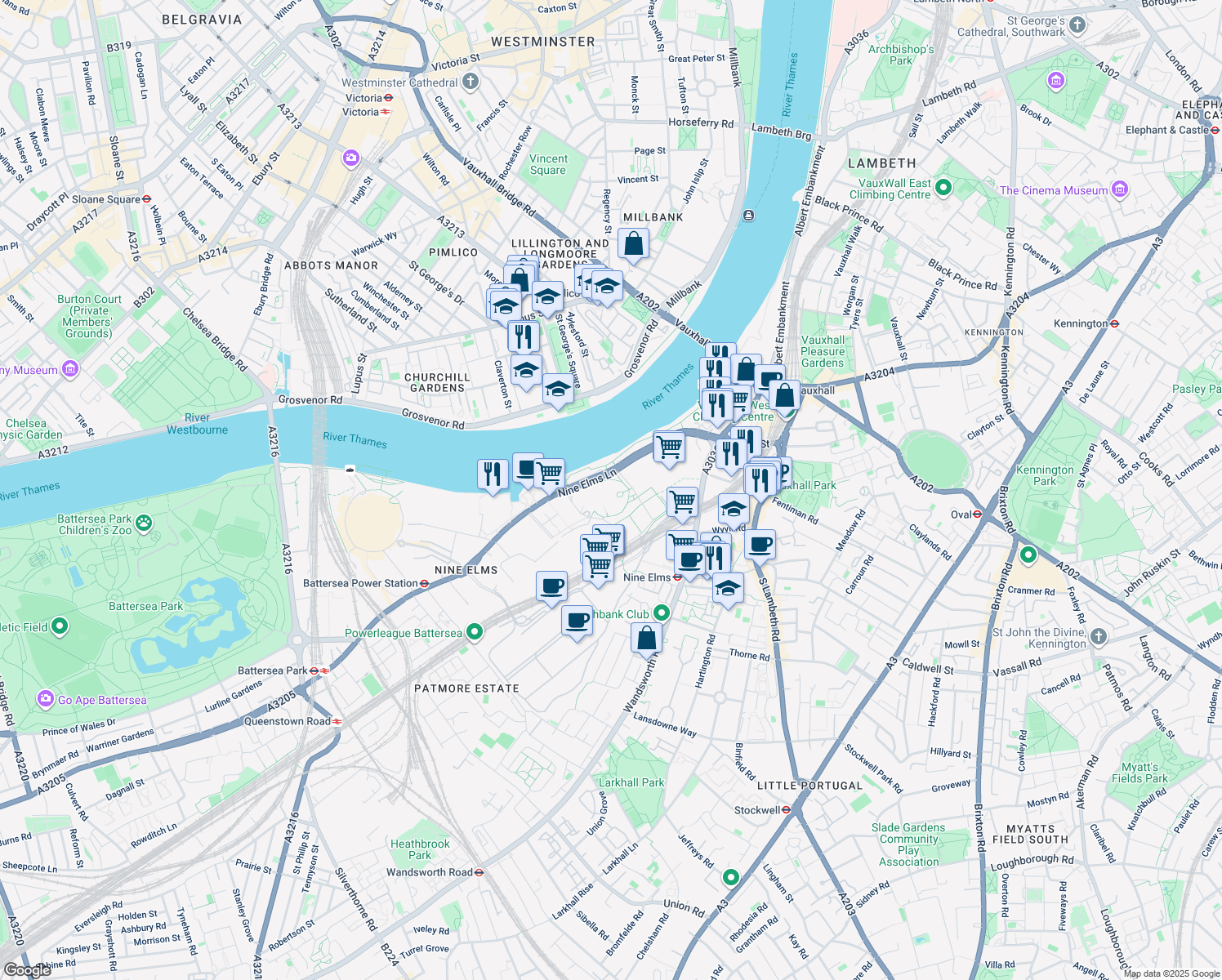 map of restaurants, bars, coffee shops, grocery stores, and more near 33 Nine Elms Lane in Greater London