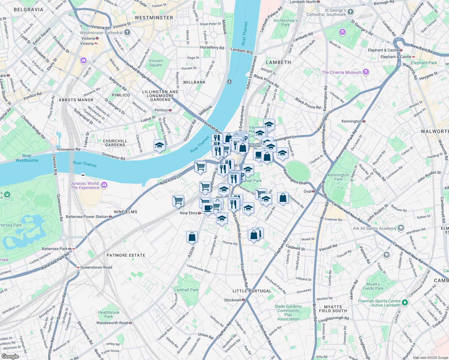 map of restaurants, bars, coffee shops, grocery stores, and more near Miles Street in Greater London