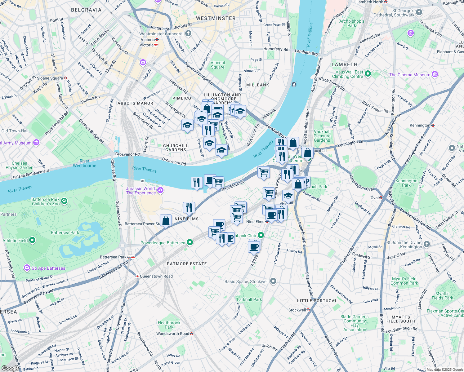 map of restaurants, bars, coffee shops, grocery stores, and more near 35 Nine Elms Lane in Greater London