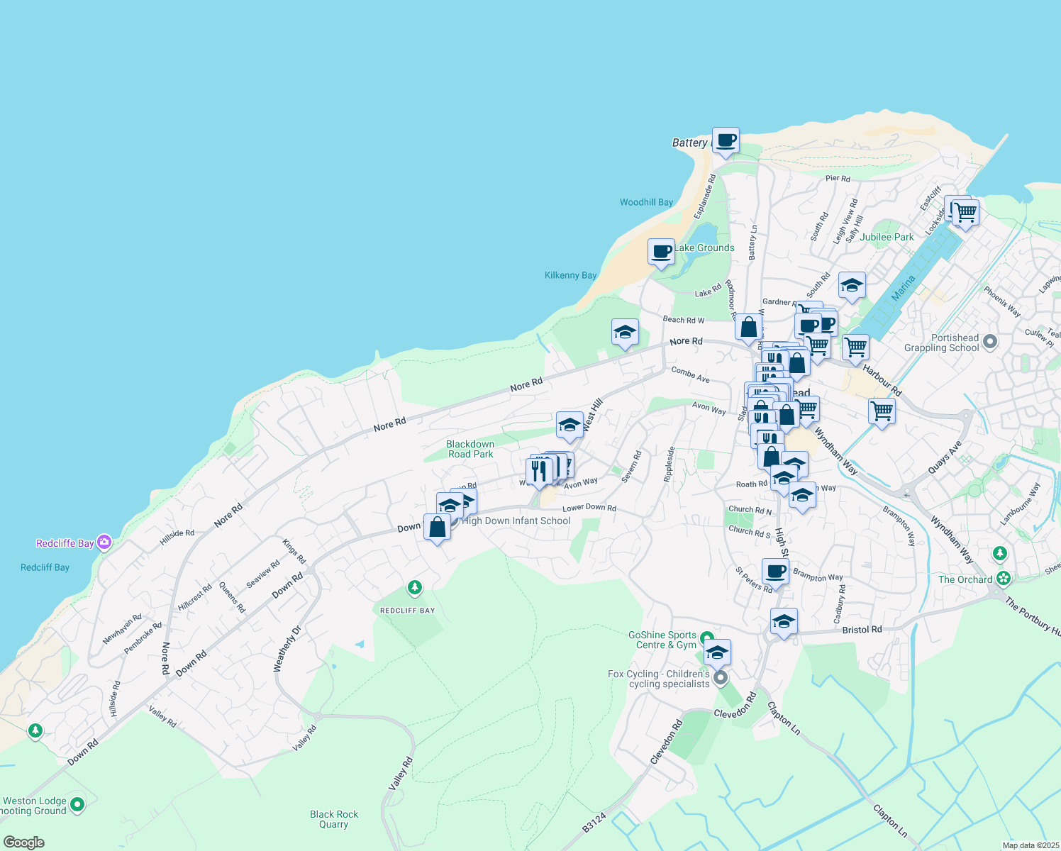 map of restaurants, bars, coffee shops, grocery stores, and more near Admirals Walk in Portishead