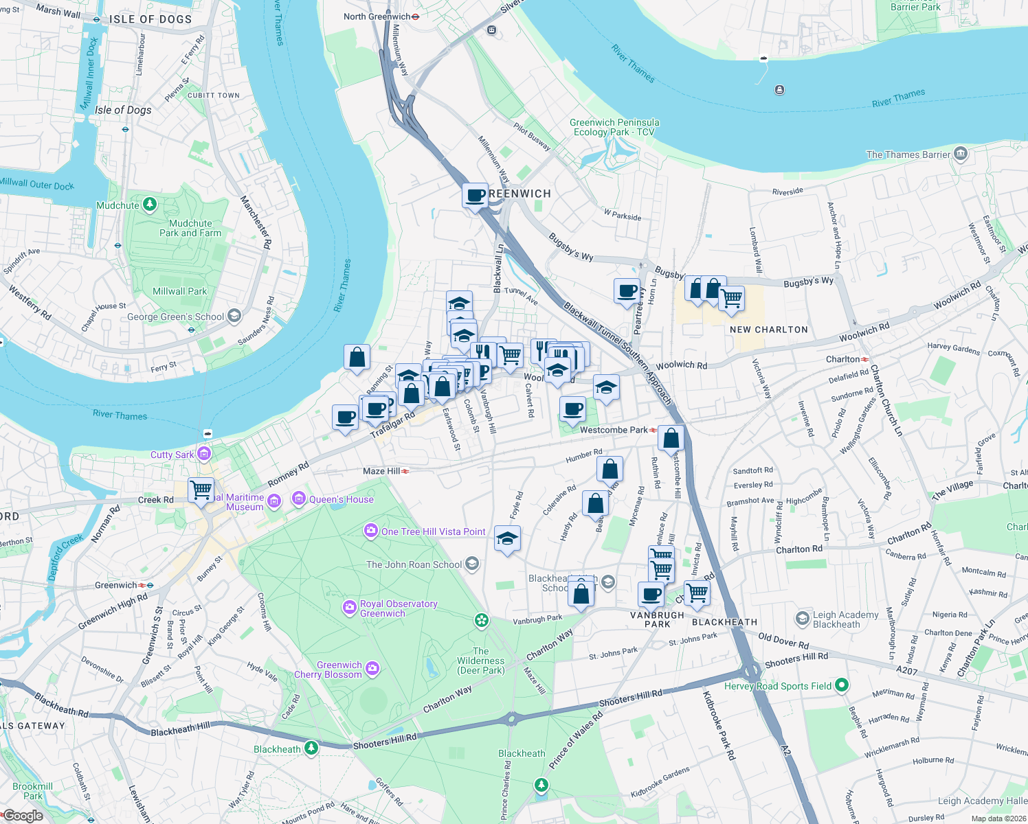 map of restaurants, bars, coffee shops, grocery stores, and more near Hawthorne Crescent in Greater London