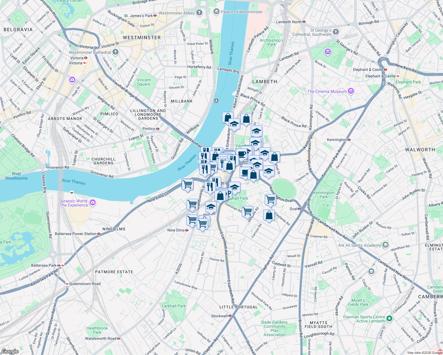map of restaurants, bars, coffee shops, grocery stores, and more near Bondway in Greater London