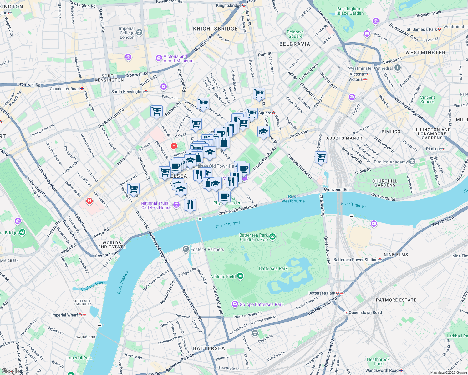 map of restaurants, bars, coffee shops, grocery stores, and more near 43 Royal Hospital Road in Greater London