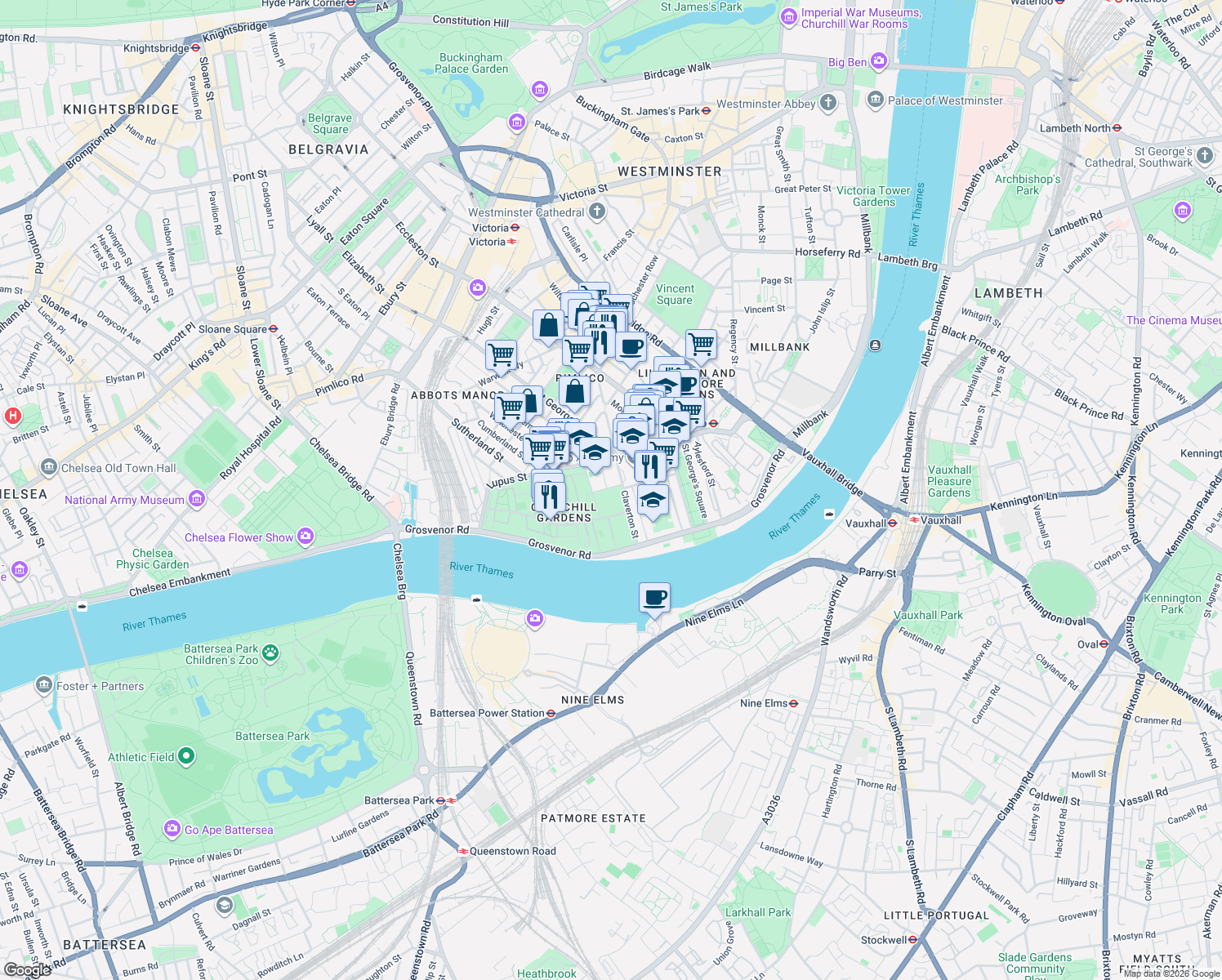 map of restaurants, bars, coffee shops, grocery stores, and more near 9 Johnson's Place in Greater London