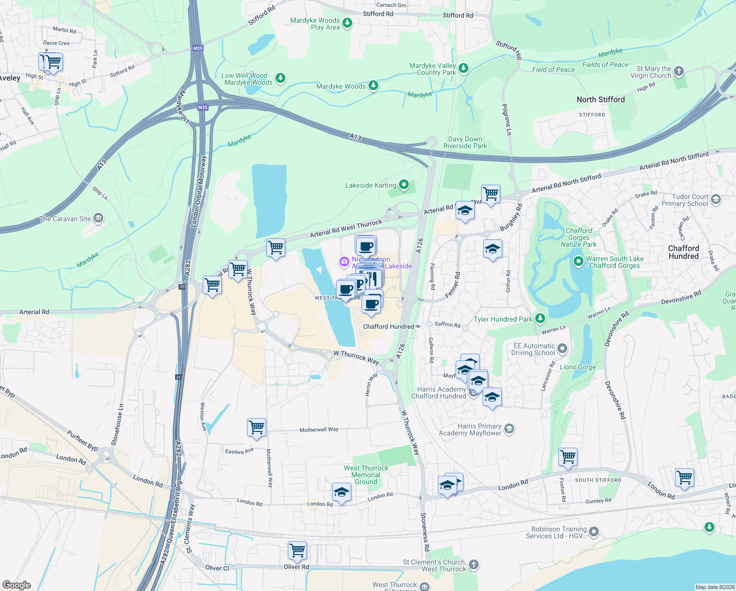map of restaurants, bars, coffee shops, grocery stores, and more near West Thurrock Way in Thurrock