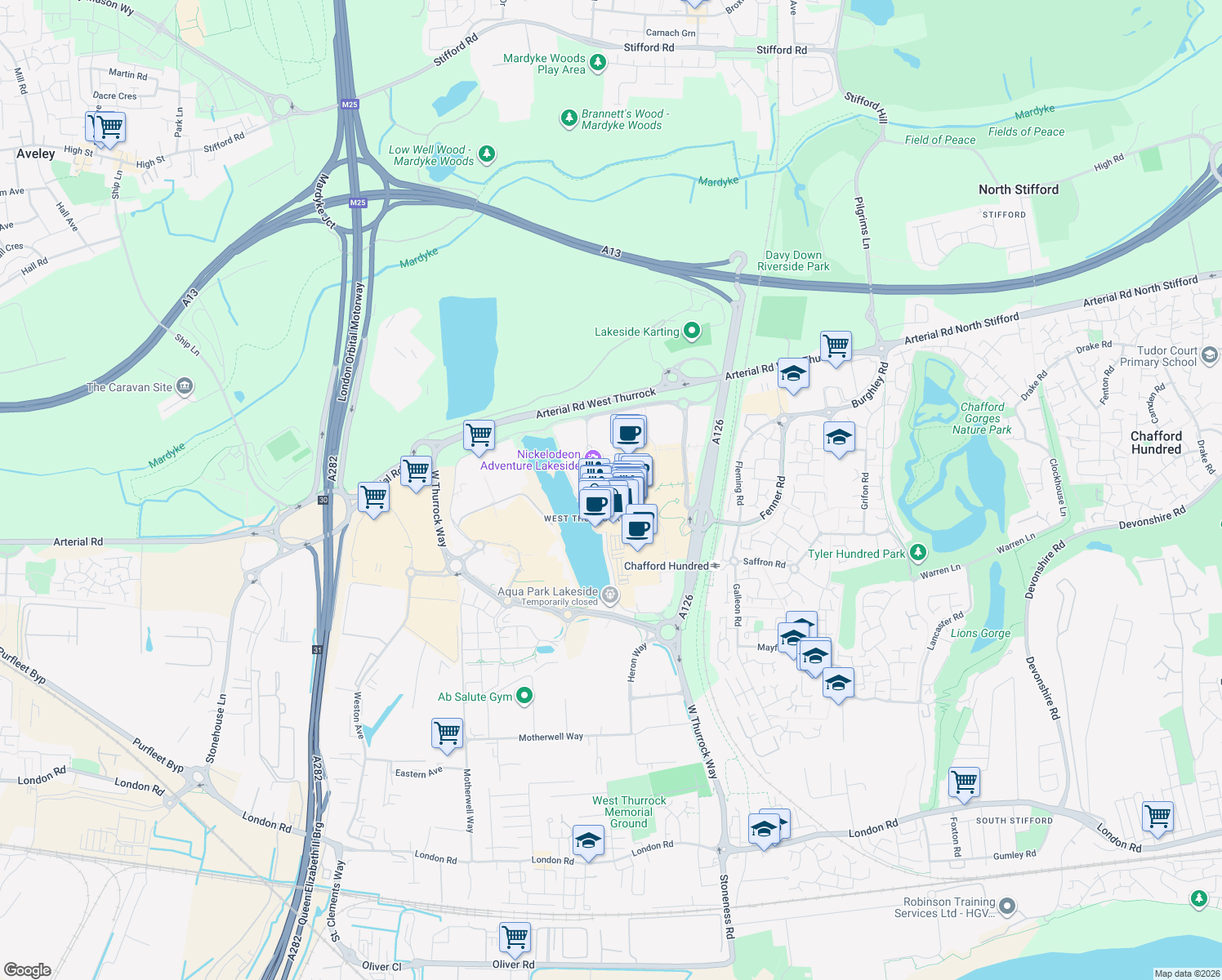 map of restaurants, bars, coffee shops, grocery stores, and more near West Thurrock Way in Thurrock