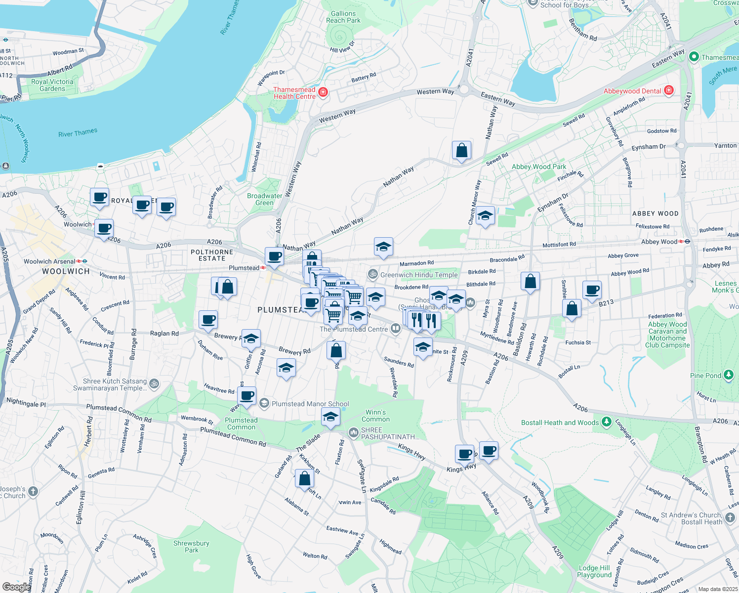 map of restaurants, bars, coffee shops, grocery stores, and more near Bannockburn Road in Greater London