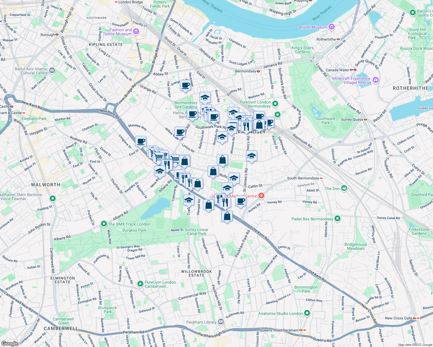 map of restaurants, bars, coffee shops, grocery stores, and more near Rolls Road in Greater London