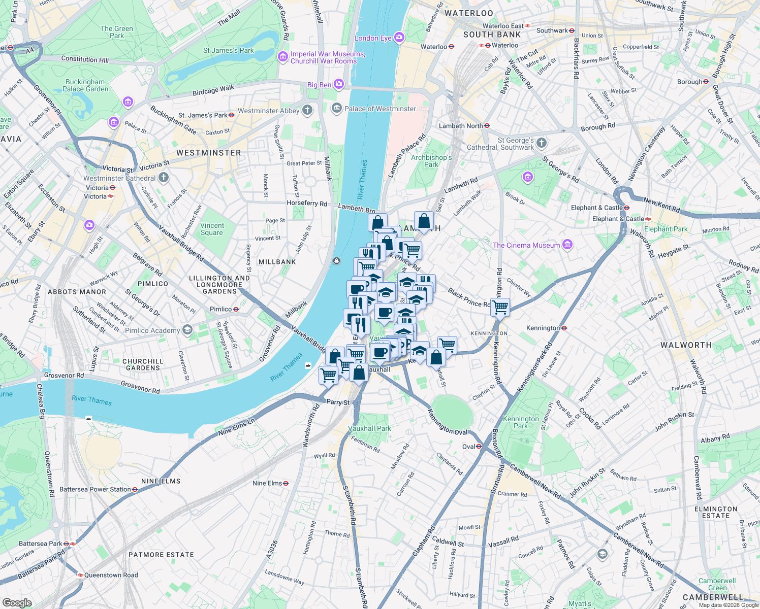 map of restaurants, bars, coffee shops, grocery stores, and more near 10 Tinworth Street in Greater London