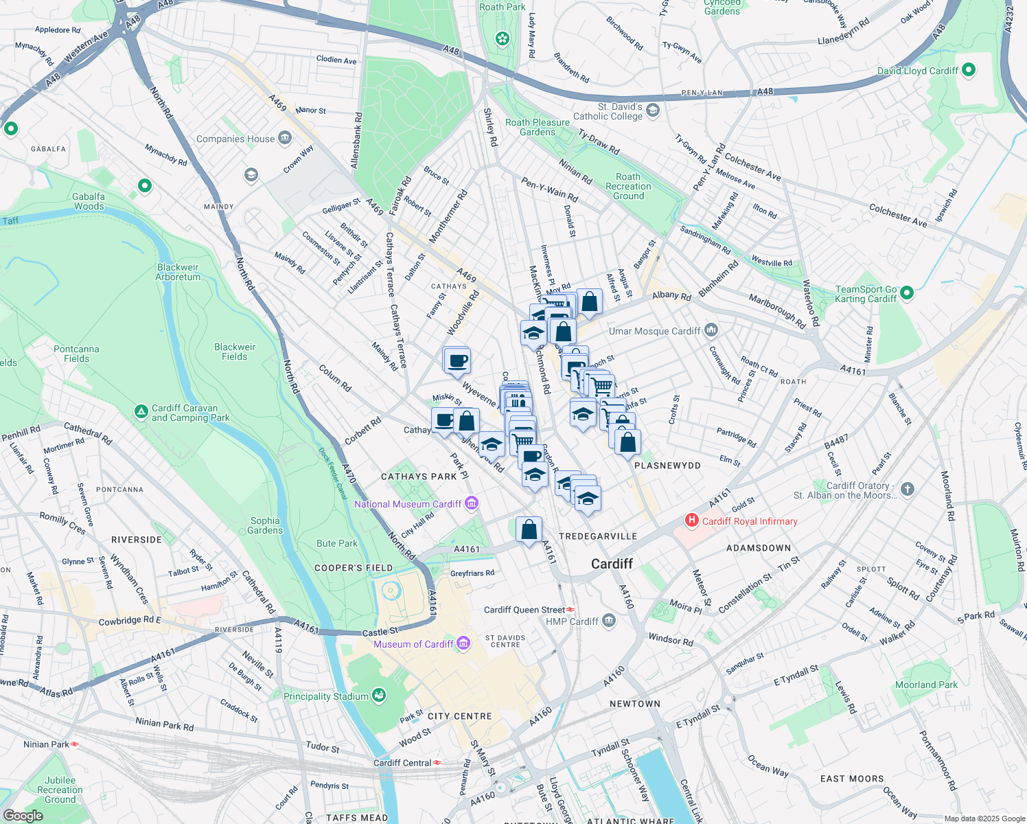 map of restaurants, bars, coffee shops, grocery stores, and more near 98 Salisbury Road in Cardiff