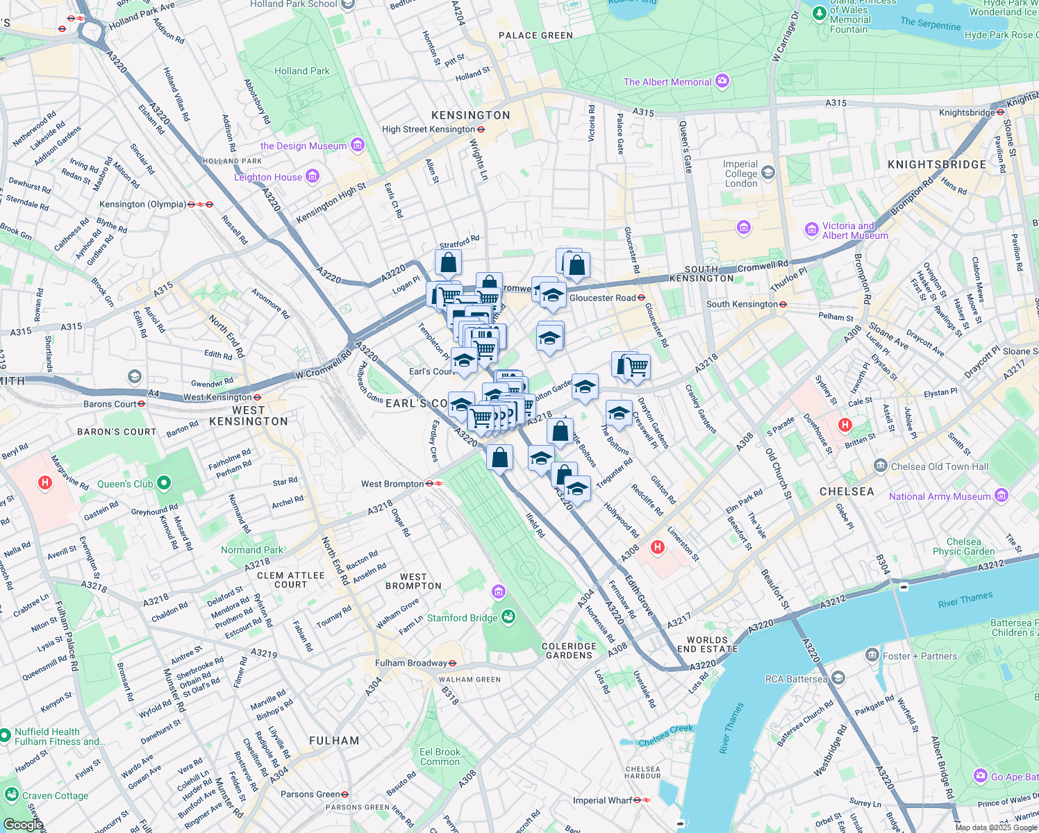 map of restaurants, bars, coffee shops, grocery stores, and more near 235 Earls Court Road W.8 in London
