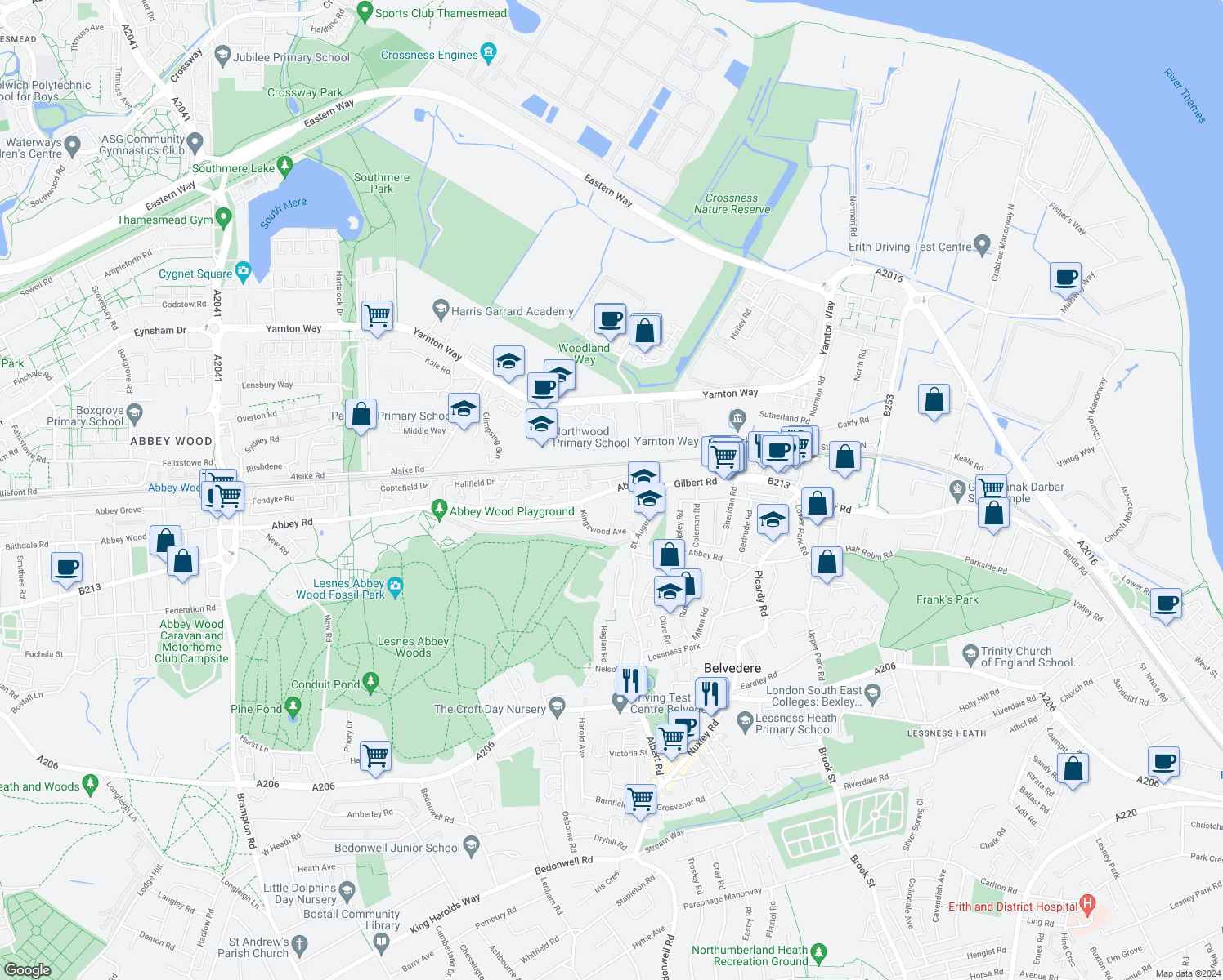 map of restaurants, bars, coffee shops, grocery stores, and more near 60 Abbey Road in Greater London