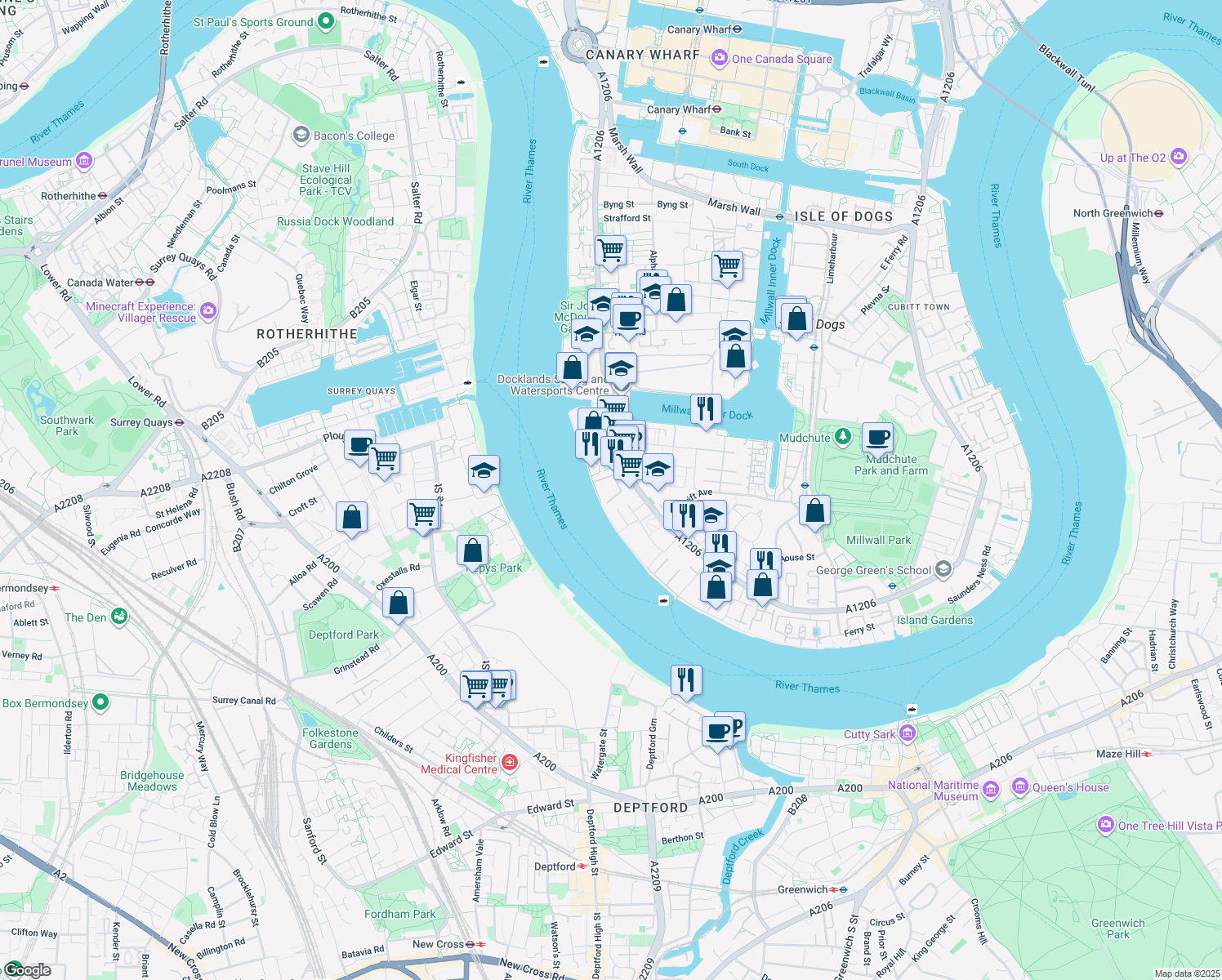 map of restaurants, bars, coffee shops, grocery stores, and more near Homer Drive in Greater London
